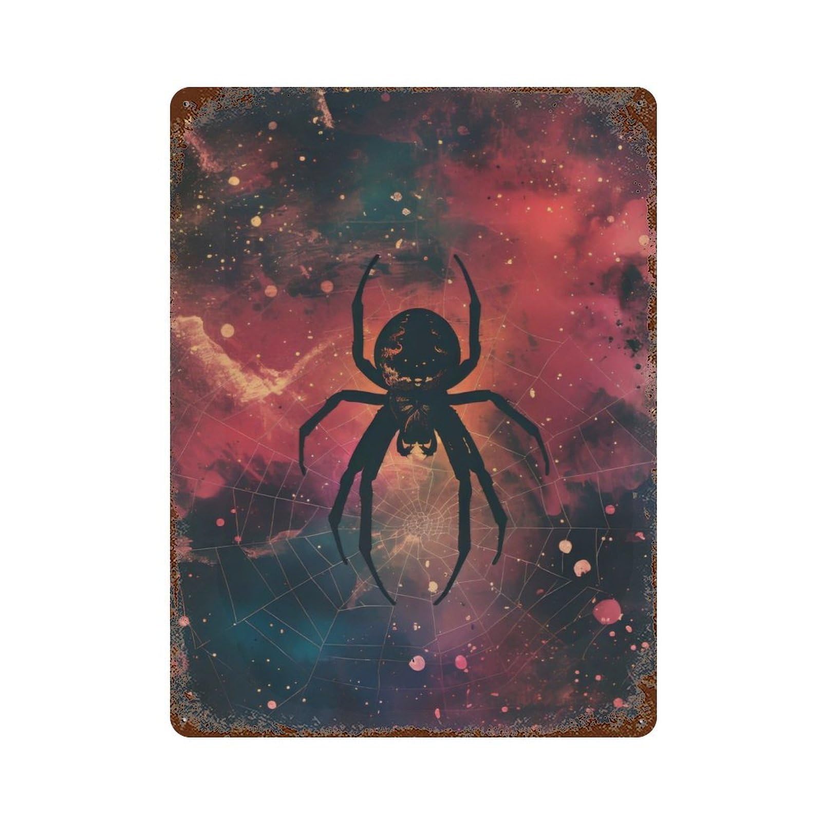 Rust Effect Spider Silhouette Galaxy Aged Metal Wall Plaque 15.7"x11.8", Rustic Home Decor for Bistro, Counter And Cafe Decor