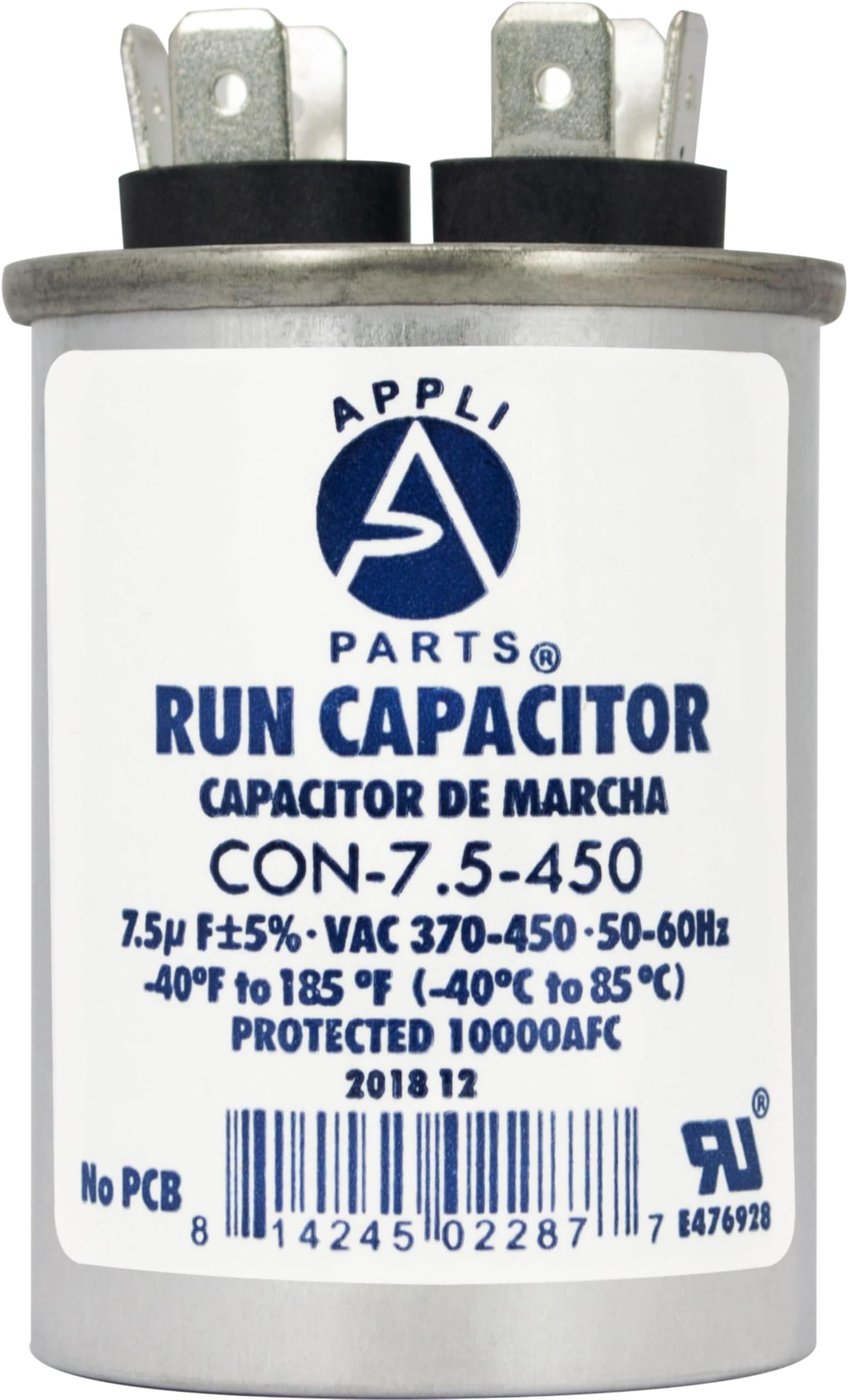 Appli Parts Run Capacitor for ac 7.5 Mfd uF (microfarads) 370 VAC or 450 VAC CBB65 Round Universal fit for hvac and other applications 2-1/2 in High 1-1/2 in Wide CON-7.5-450