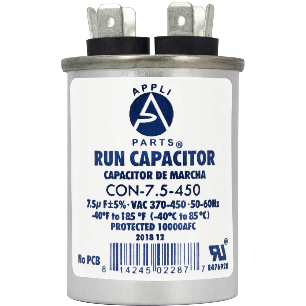 Appli Parts Run Capacitor 7.5 Mfd uF (microfarads) 370 VAC or 450 VAC Round