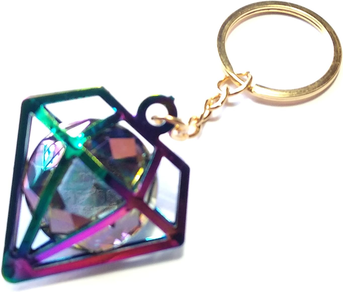 Crystal Keychain Ring Holder Keyfob Holograhic Rainbow with Golden Keyring