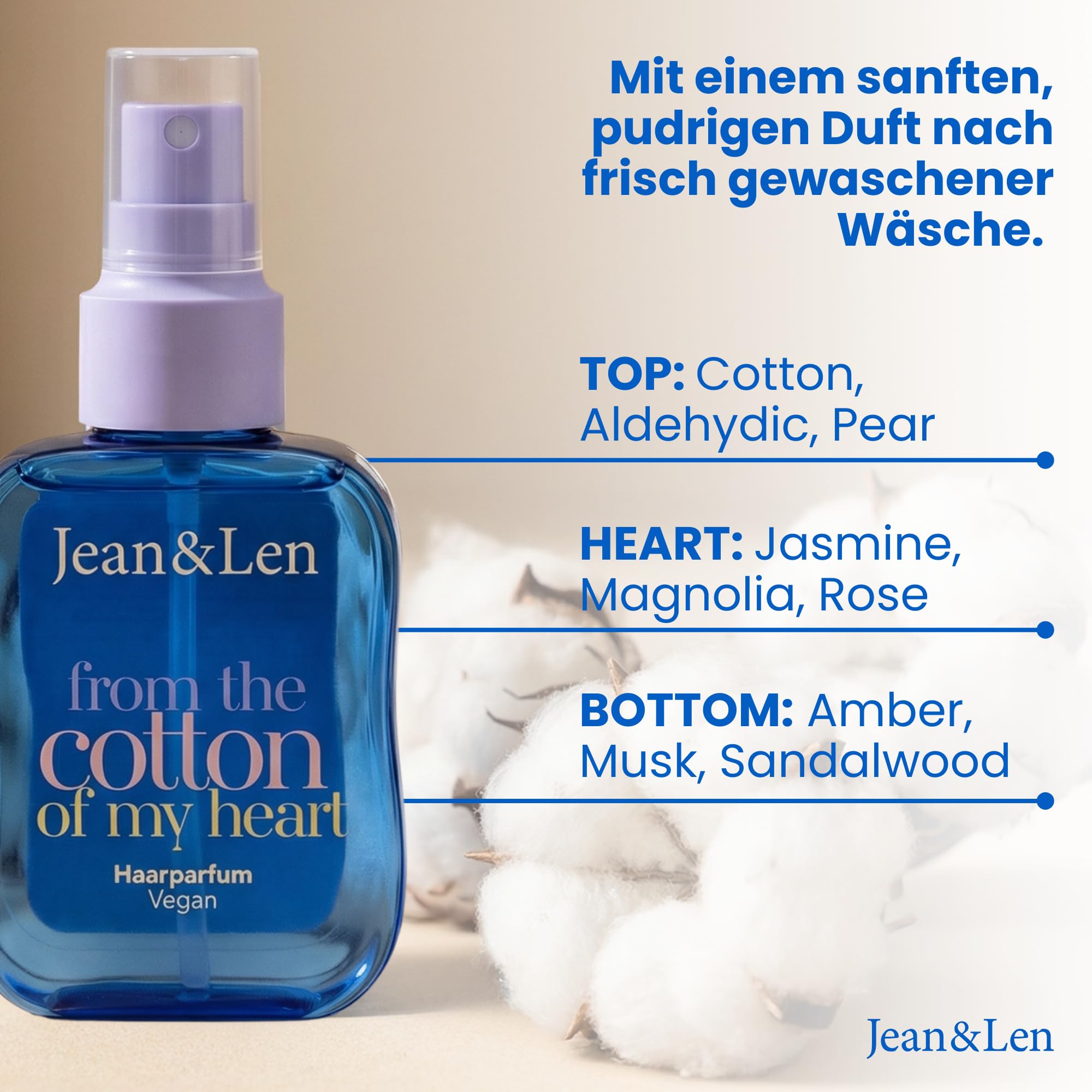 Jean & Len Haarparfum From the Cotton of My Heart, sanfter Duft nach frisch gewaschener Wäsche, pflegende Formulierung mit Aminosäuren & Panthenol, für natürlich glänzendes Haar, vegan, 105 ml