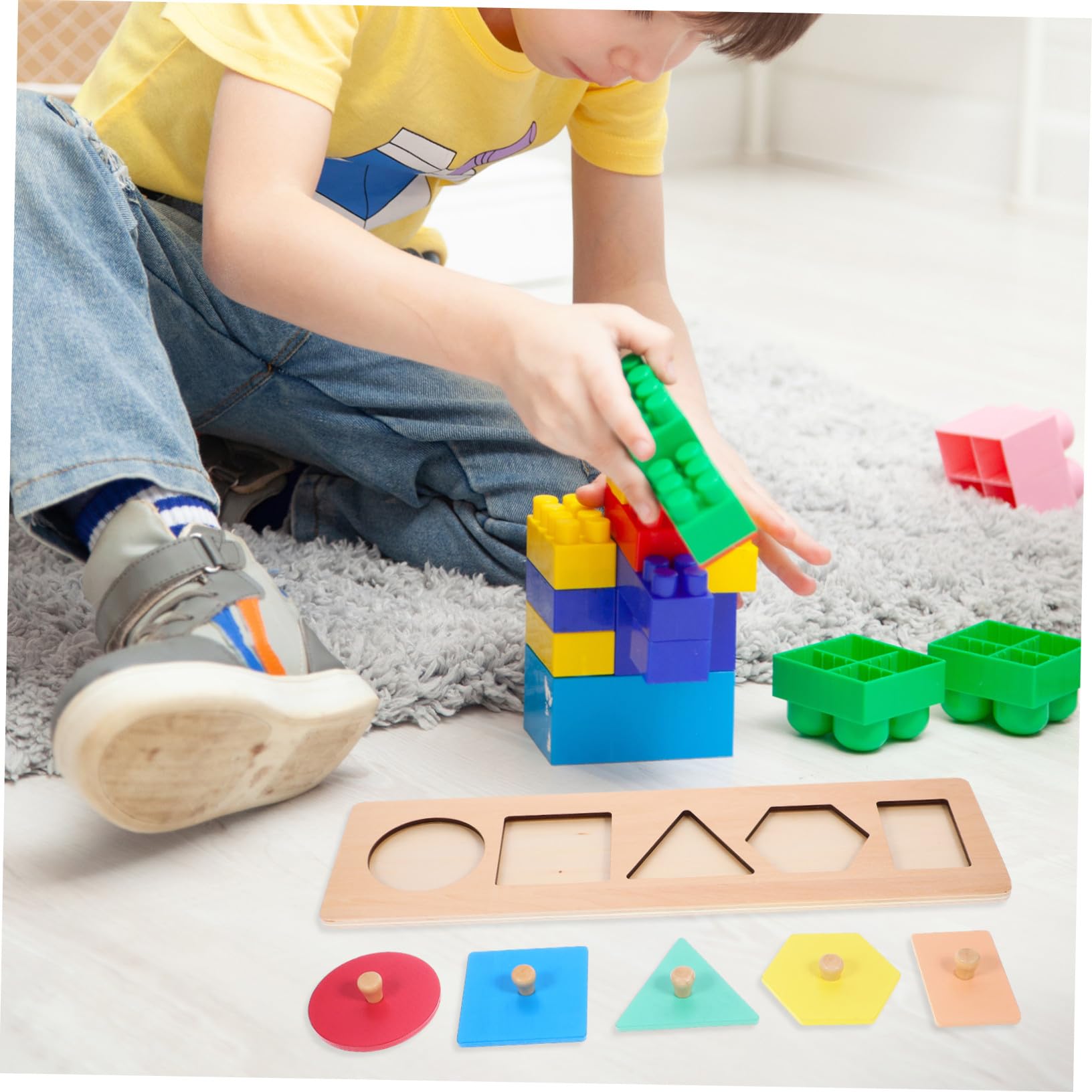 WOONEKY Juguete Educativo Montessori Paneles Geométricos de Madera para Pequeños de Rompecabezas de Bloques de Madera para Desarrollo Cognitivo y Reconocimiento de Colores