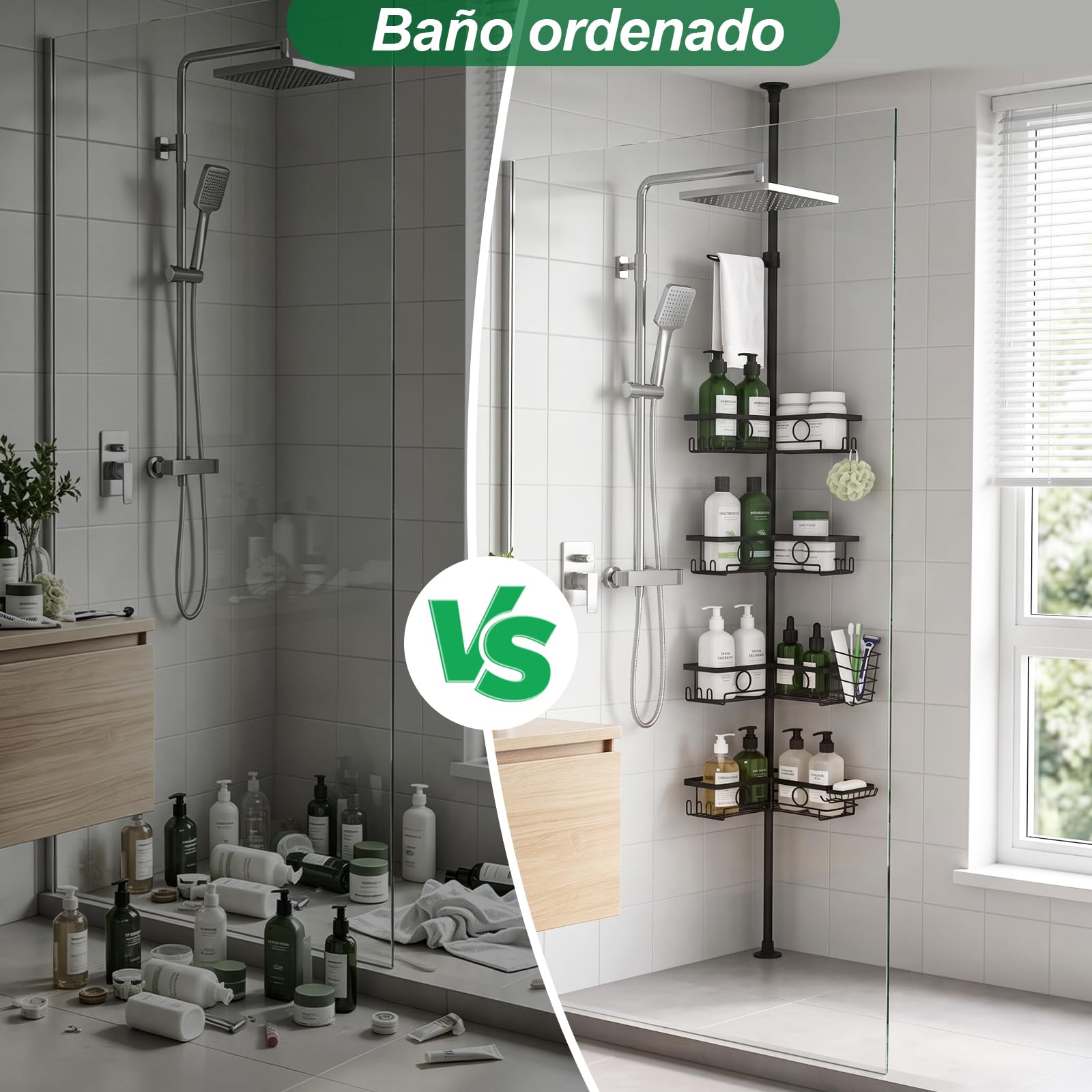 Estanteria ducha sin taladro, 105-304cm, Acero Inoxidable, para Baño | para azulejos, regulable en altura, antideslizante, 2 jaboneras, toallero, cesta