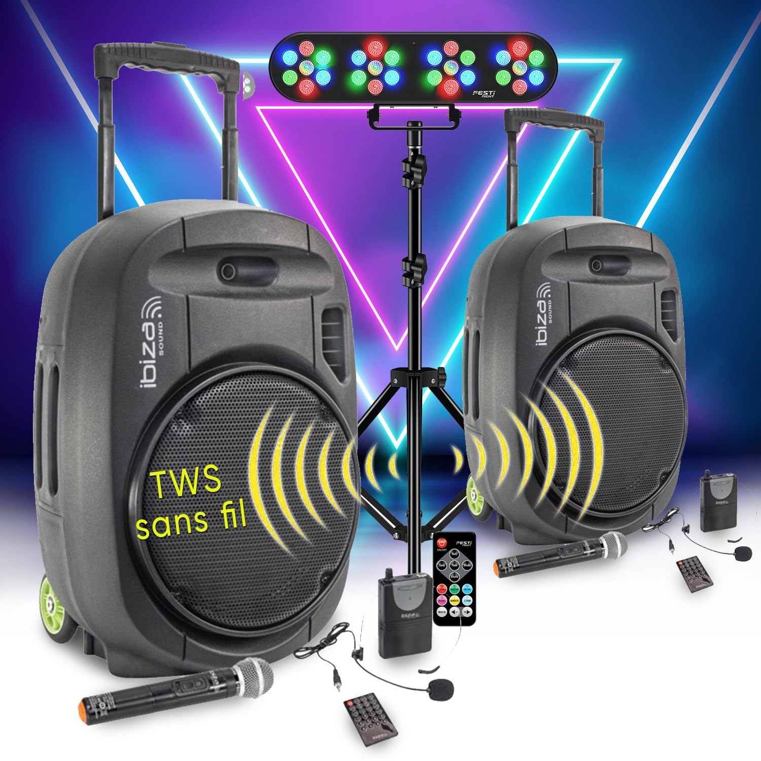 Pack Sono DJ 1600W Ibiza PORT15VHF-MKII-TWS, Portable Autonome 15" USB/Bluetooth/Couplage sans Fil - Lumières LED, Soirée