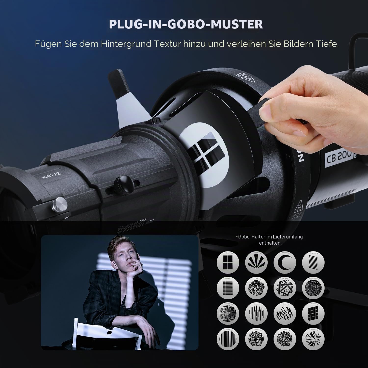 NEEWER Spotlight Snoot mit 20° Projektionsobjektiv, einstellbarem Fokus, 16 Metallgobos, 5 Farbgels, Tasche, konischer Snoot für Bowens Mount LED Dauerlicht Studio Videoleuchte bis 300W, LS-39