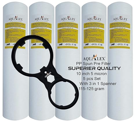 Aqualex, Pokar RO, PP Spun Pre filter, 5 micron, 10 inch, Classic 120, 5pcs Set + 1pc Spanner, Suitable for Water RO purifier