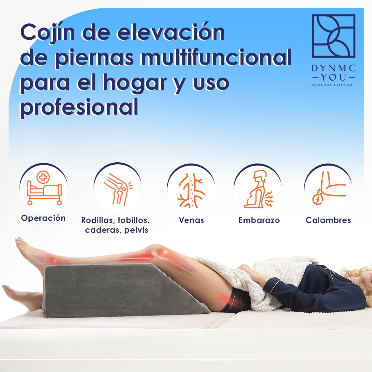 Cojín elevador de piernas – Cojín cuña 68x25x22 cm memory foam – Elevar pierna después de operación pie rodilla tobillo – Asa de transporte & antideslizante – Cojín venoso – Funda lavable OEKO-TEX