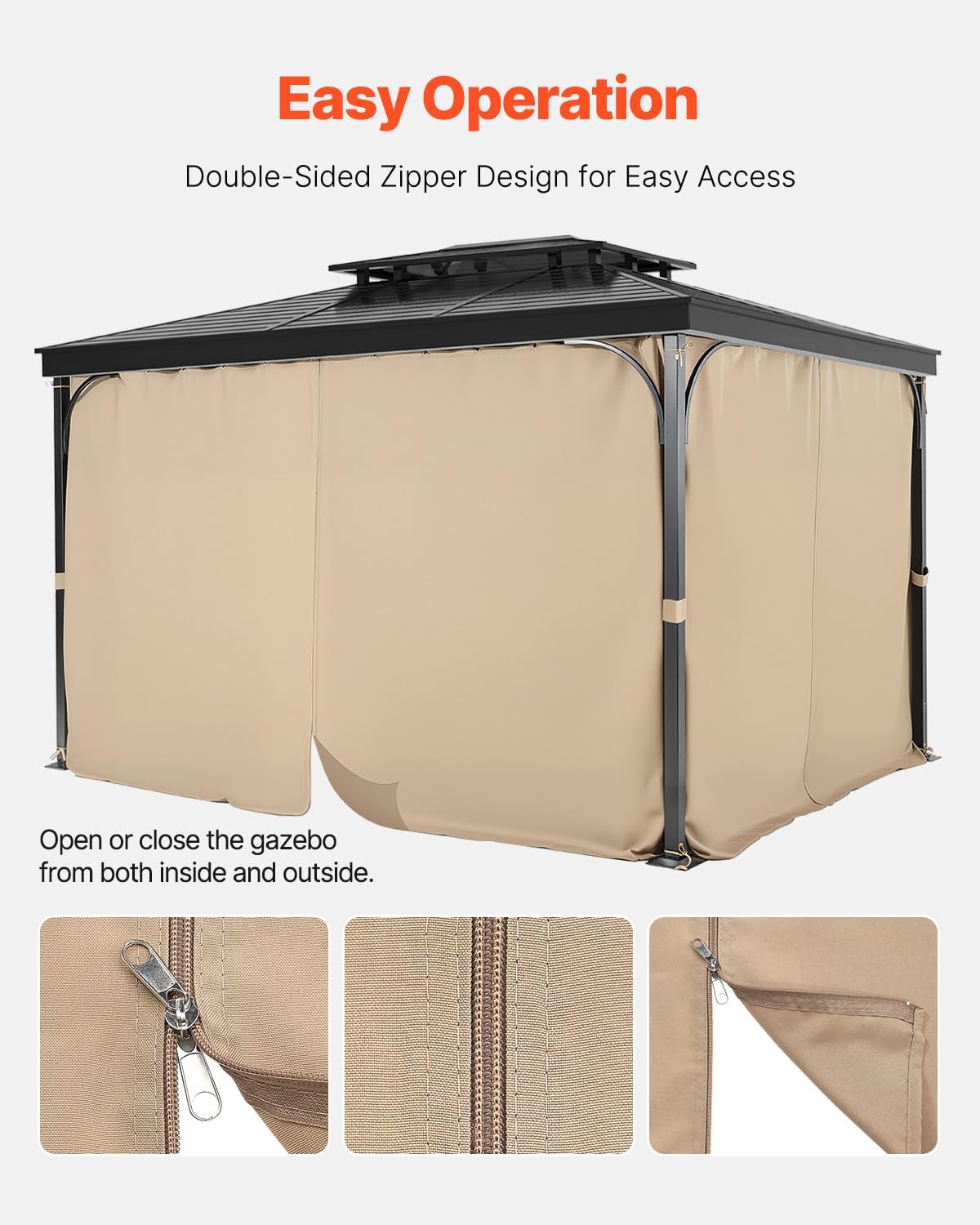 VEVOR Gazebo Curtains Outdoor, Fit Most 12' x 10' x 7.3' Gazebos, 4-Panel Sidewall Gazebo Privacy Curtains with Zippers, Outdoor Curtain Replacement for Patio Canopy, Only Curtain, Khaki