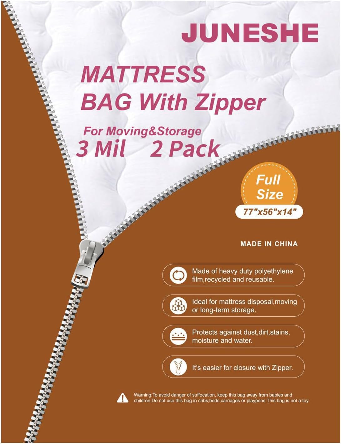 2PK 3 Mil Full Size Mattress Bags with Zipper for Storage Moving,Plastic Waterproof Mattress Protector Cover Moving Supplies
