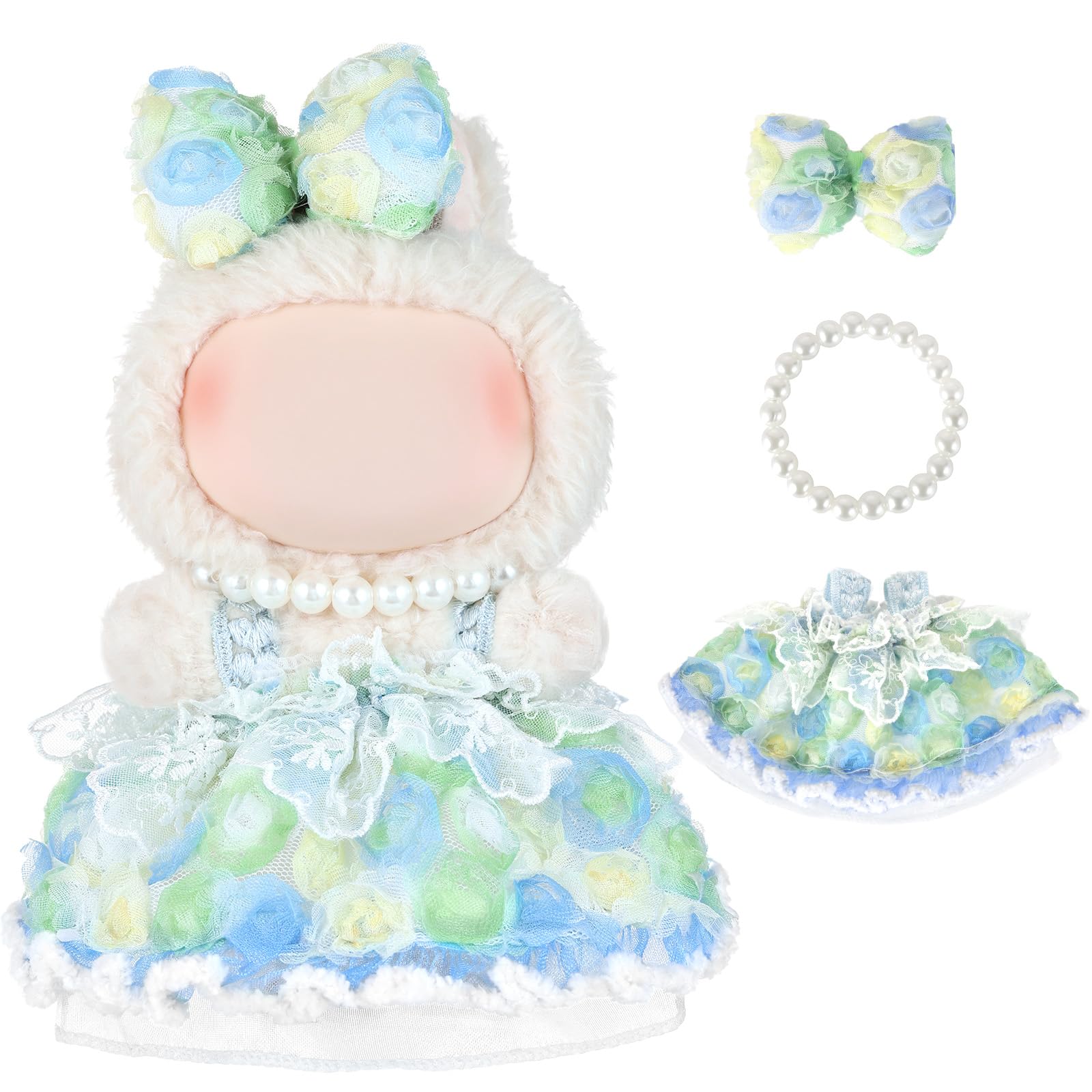 17cm Doll Clothes(NO Doll), 3 Pieces Dress Set for Dolls Accessories, Girls Exquisite Handmade Green Flower Skirt with Pearl Necklace and Bow Headdress, Accessories Gifts for Dress Up Collectors