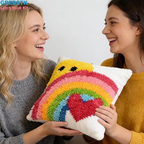 Miniatura 7 de GREBSTK Kit de gancho de pestillo DIY funda de almohada de sofá, cojín de sofá, patrón de sol y arcoíris, punto de cruz pintado, 16x16 pulgadas