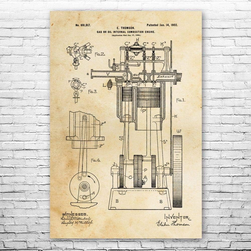 Gas or Oil ICE Engine Poster Print, Gearhead Gifts, Mechanical Engineer, Engineering Gift, Steam Punk Decor Vintage Paper (24 inch x 36 inch)