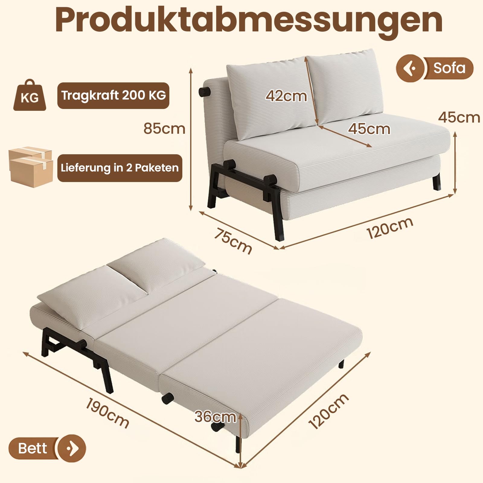 Faltbares 2 Sitzer Schlafsofa mit Kissen, 2-in-1 Cordstoff Schlafcouch