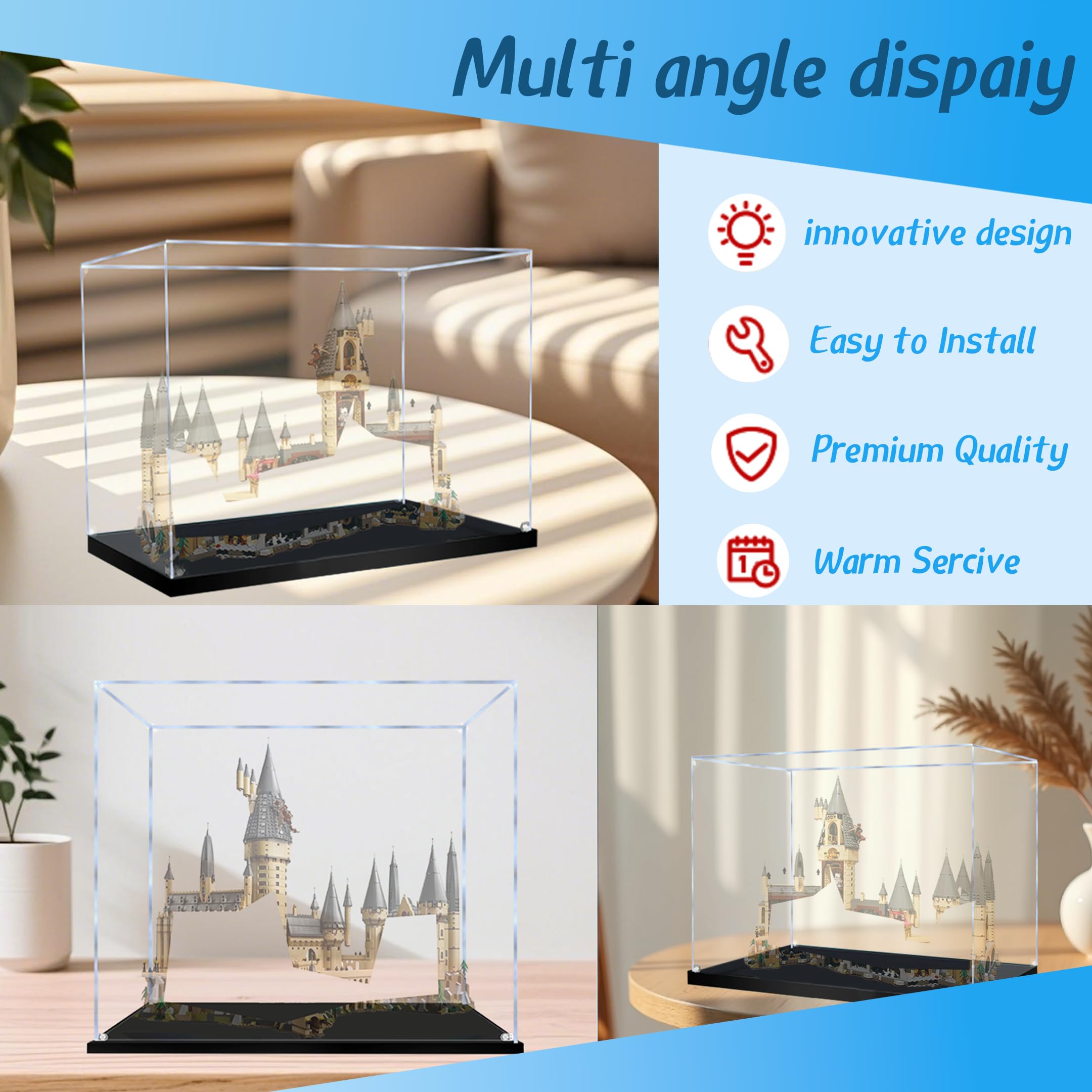 Acryl-Vitrine für Lego 71043 Schloss-Bauset, staubdichte transparente Box, Vitrine – nur Vitrine, Schaukasten kompatibel mit Lego 71043 (3 mm, schwarzer Sockel)