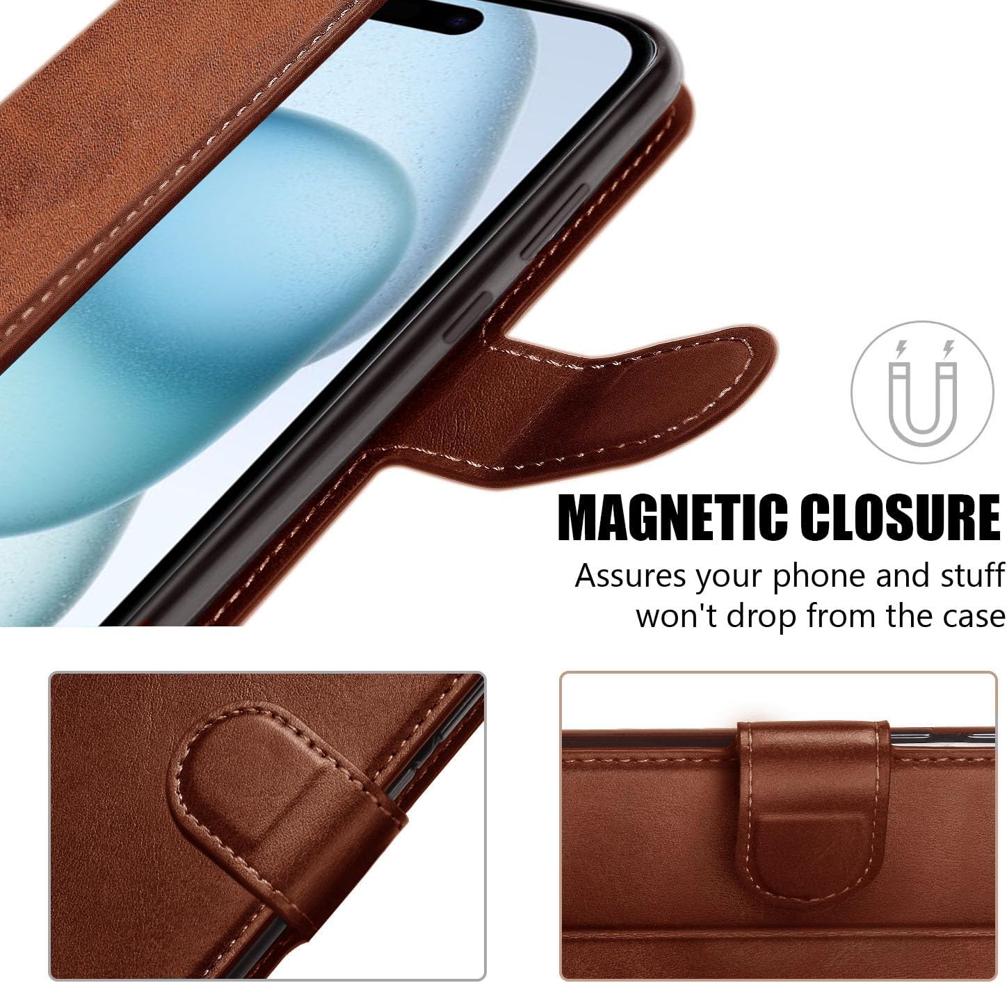 QLTYPRI Case for iPhone 16e Premium PU Leather Simple Wallet Case Card Slots Kickstand Magnetic Closure Shockproof Flip Cover for iPhone 16e - Brown - Image 4