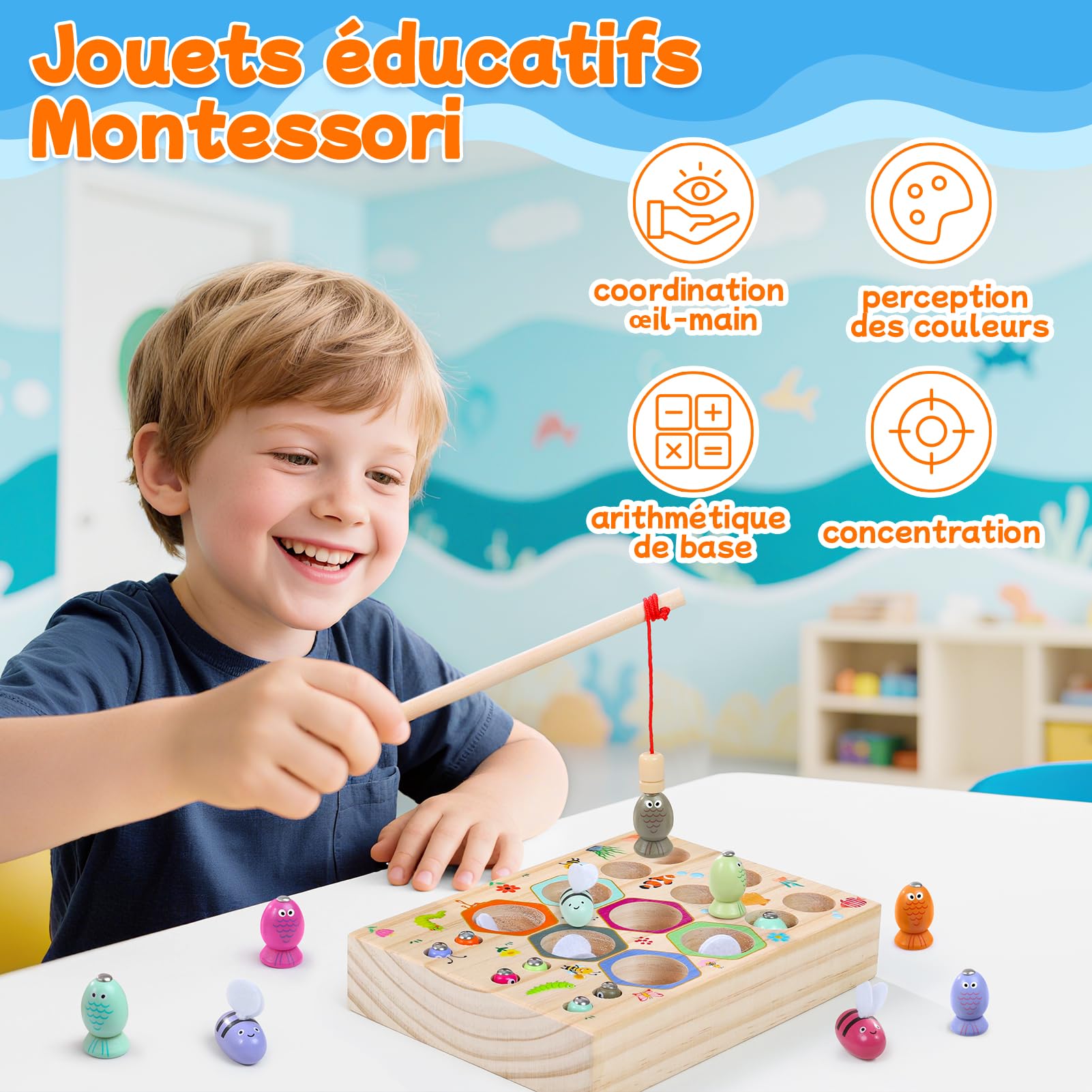 Jeu de pêche magnétique 3 en 1 en bois pour enfants, jouet Montessori éducatif, cadeau d'anniversaire ou de Noël pour garçons et filles de 3 ans