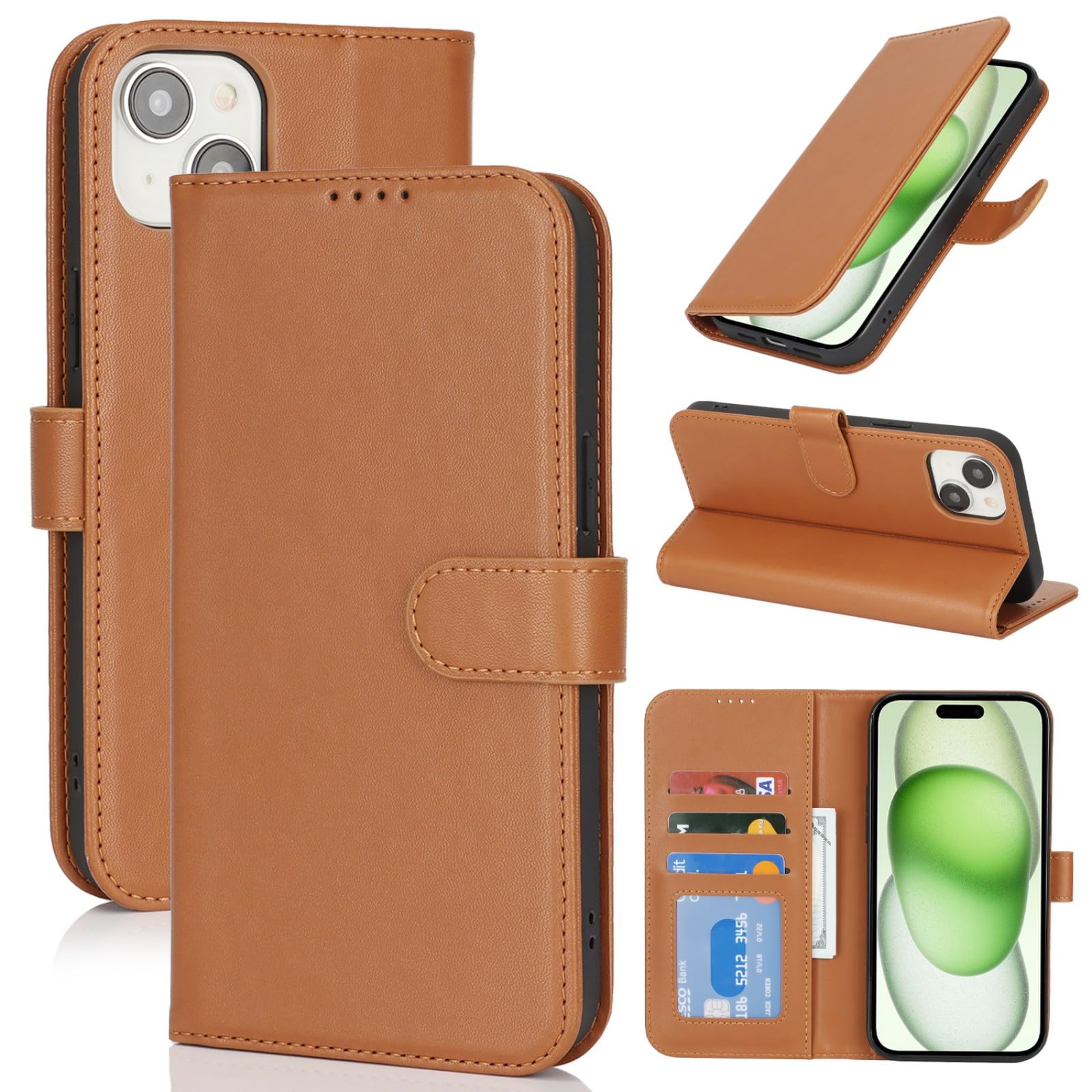 Zouzt Hülle für iPhone 15 (6,1"), Premium PU Leder, Hellbraun | Handyhülle mit Kartenfächern, Magnet Klapp Schutzhülle, Stoßfeste TPU-Innenhülle, Frauen Männer, Leather Wallet Phone Case