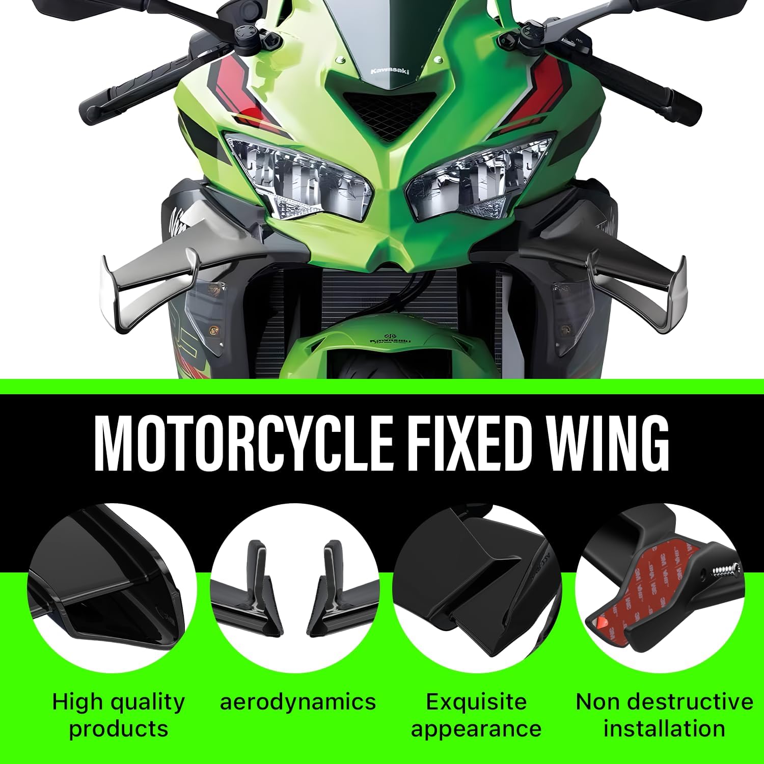 Motorcycle Fairings for Kawasaki, Air deflectors for Road Glide with Winglet, Spoiler Wings Motorcycle Accessories for Kawasaki ZX-25R/SE ZX-4R ZX-4RR 2020-2024 (Bright Black)