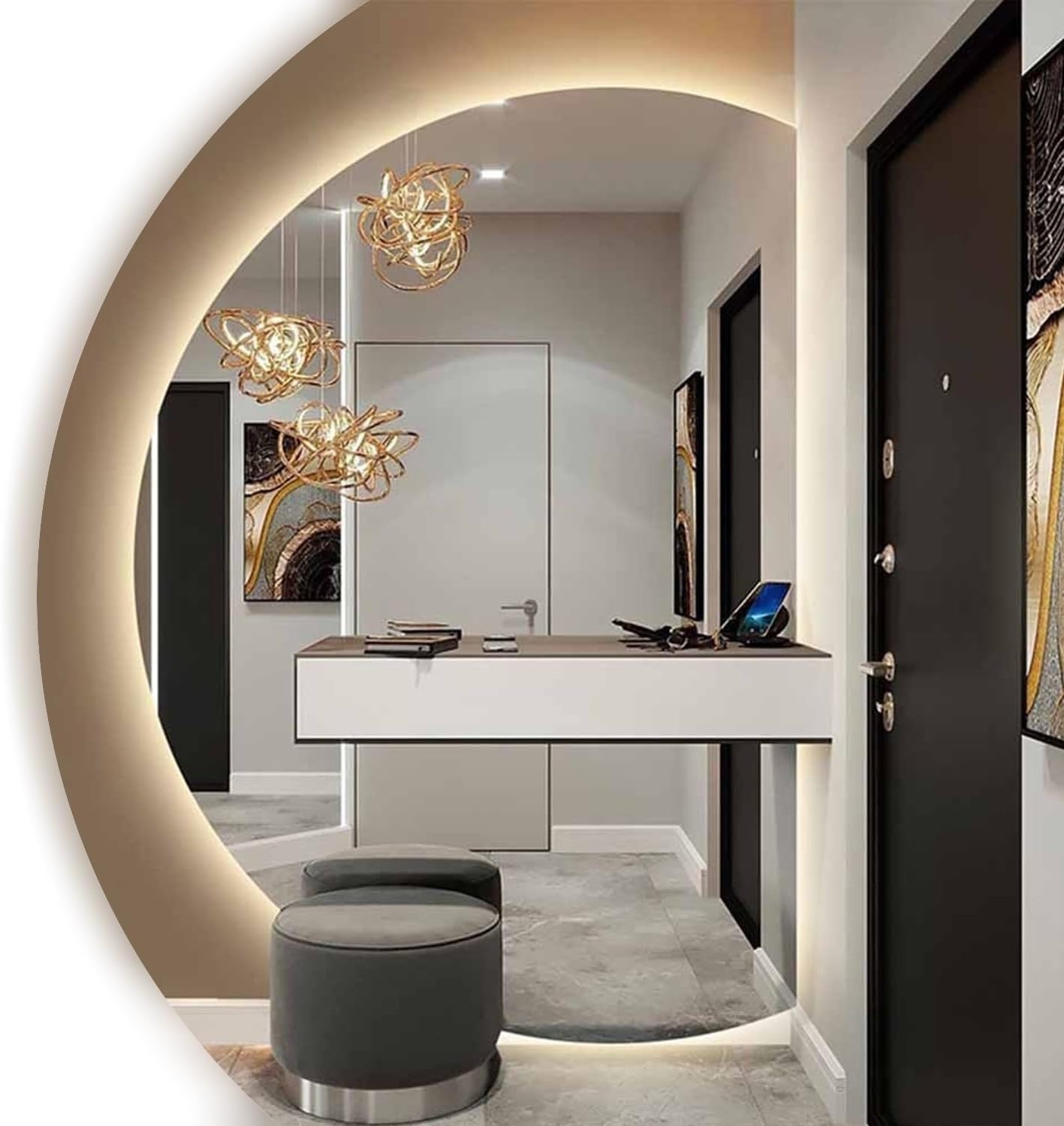 51"x35" Modern Smart Anti-Fog Bathroom Mirror, Half Moon LED Wall Full Length Mirror, 3 Colors Dimmable, Semicircle Backlit Decor with Touch Switch(Left,24 * 35in)