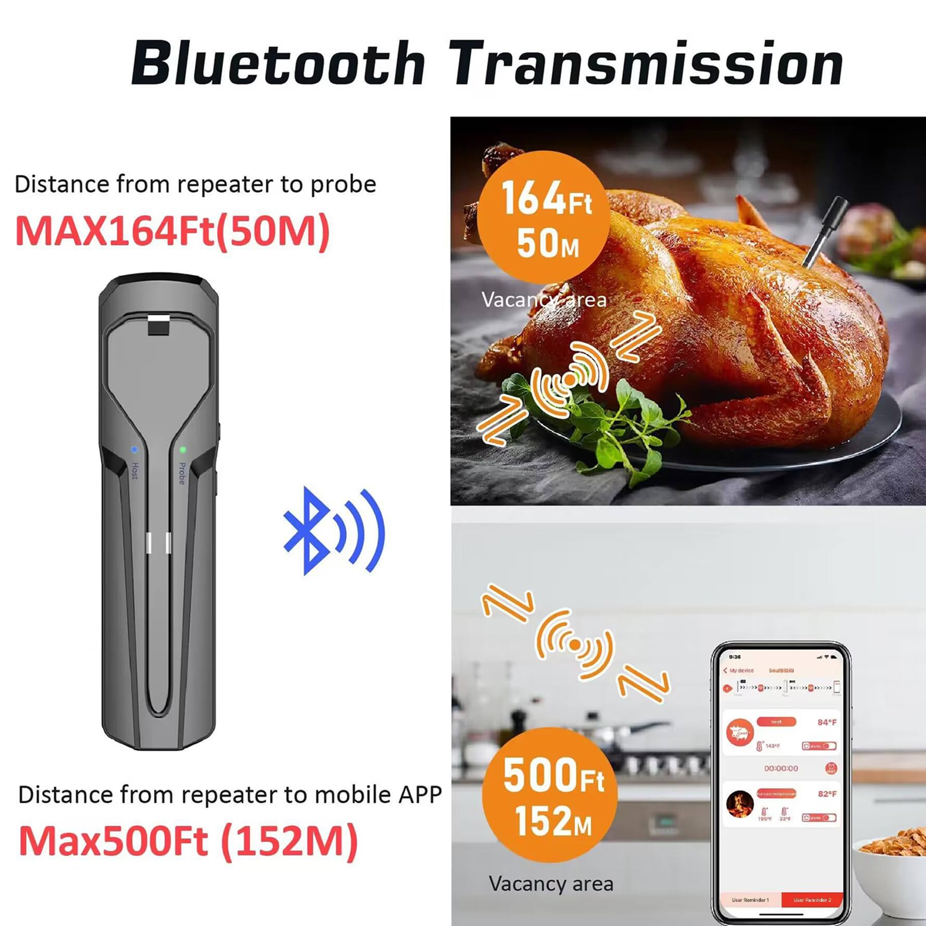 Bezprzewodowy termometr do mięsa, termometr do mięsa, 1 sonda ceramiczna, inteligentny cyfrowy termometr bezprzewodowy do mięsa Bluetooth, wodoodporny podwójny czujnik IP67, idealny do steków, grilla