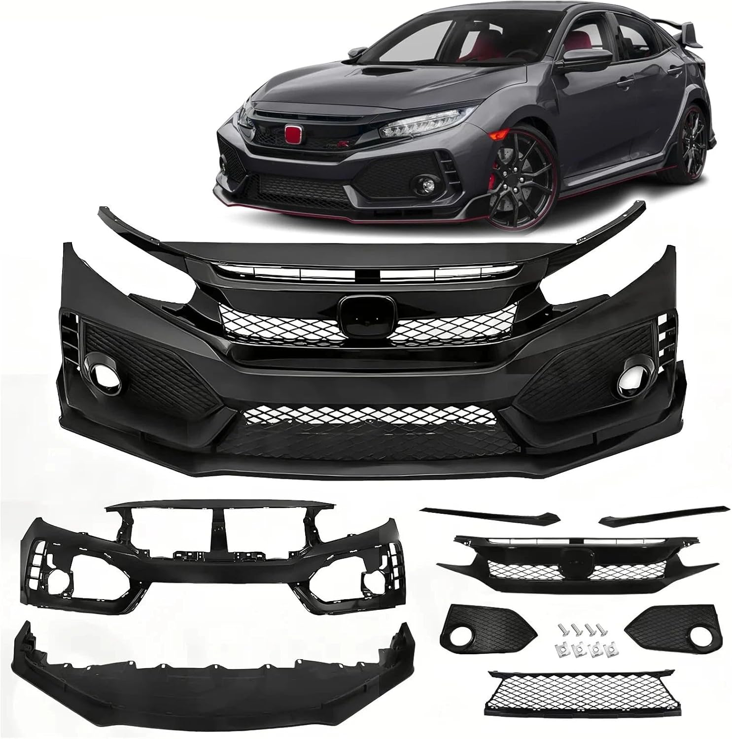 Type-R Style Front Bumper with Grille & Lip & Foglight Cover Fit For 2016-2021 Honda Civic 10th-Gen Sedan Front Body Kit Modification Parts