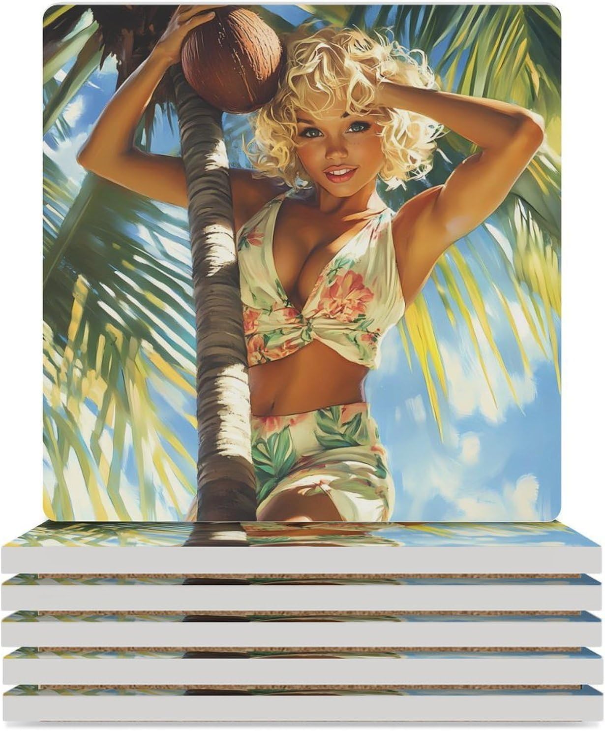 Pacificaisland Coconut Pin Up Girl Coasters for Drinks Square Table Coasters Set Cup Mats with Cork Base