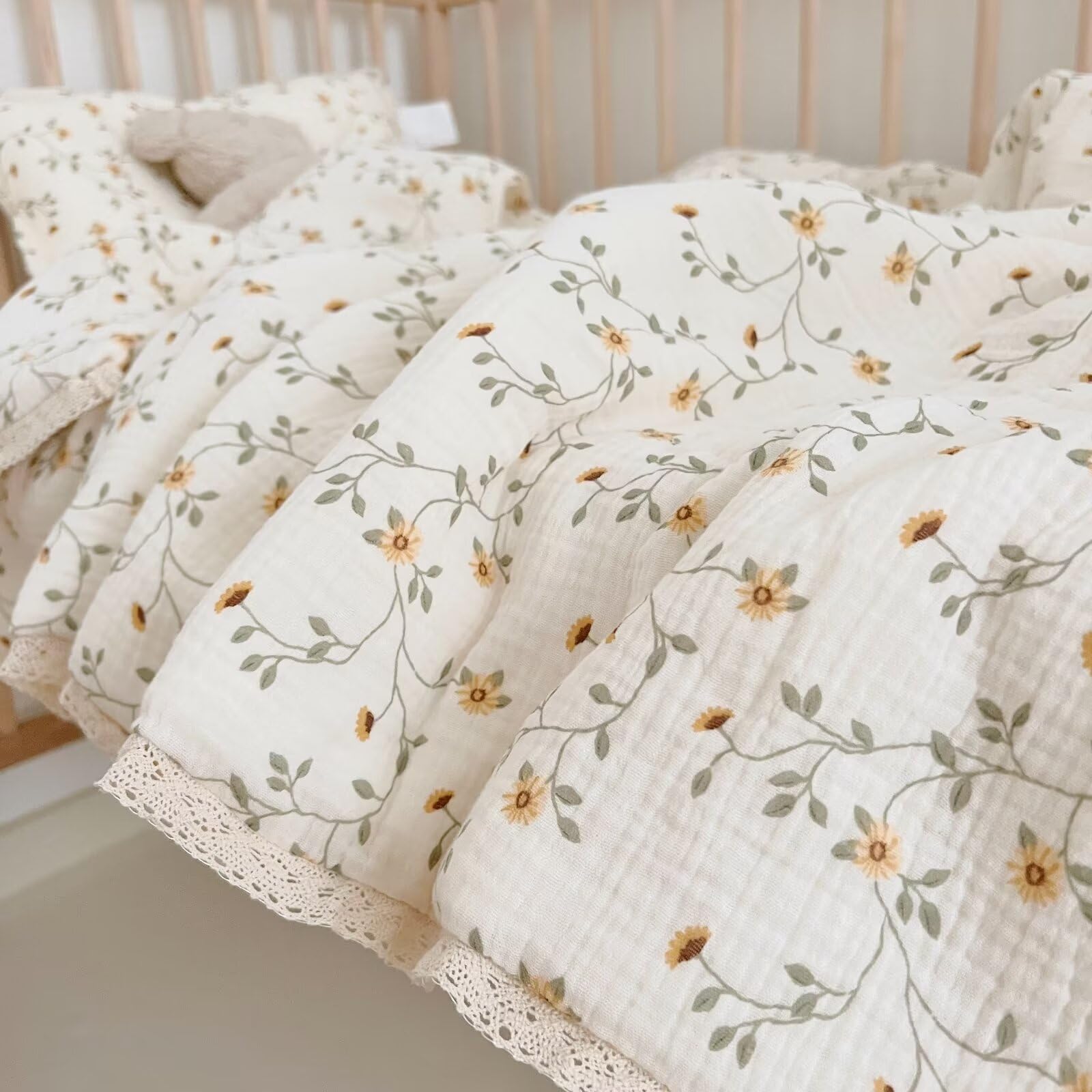 BuLuTu Edredón de muselina para bebé, lindo edredón para cuna, mantas de muselina suave y ligera para niñas y niños, patrón de flores silvestres, 47 x 59 pulgadas