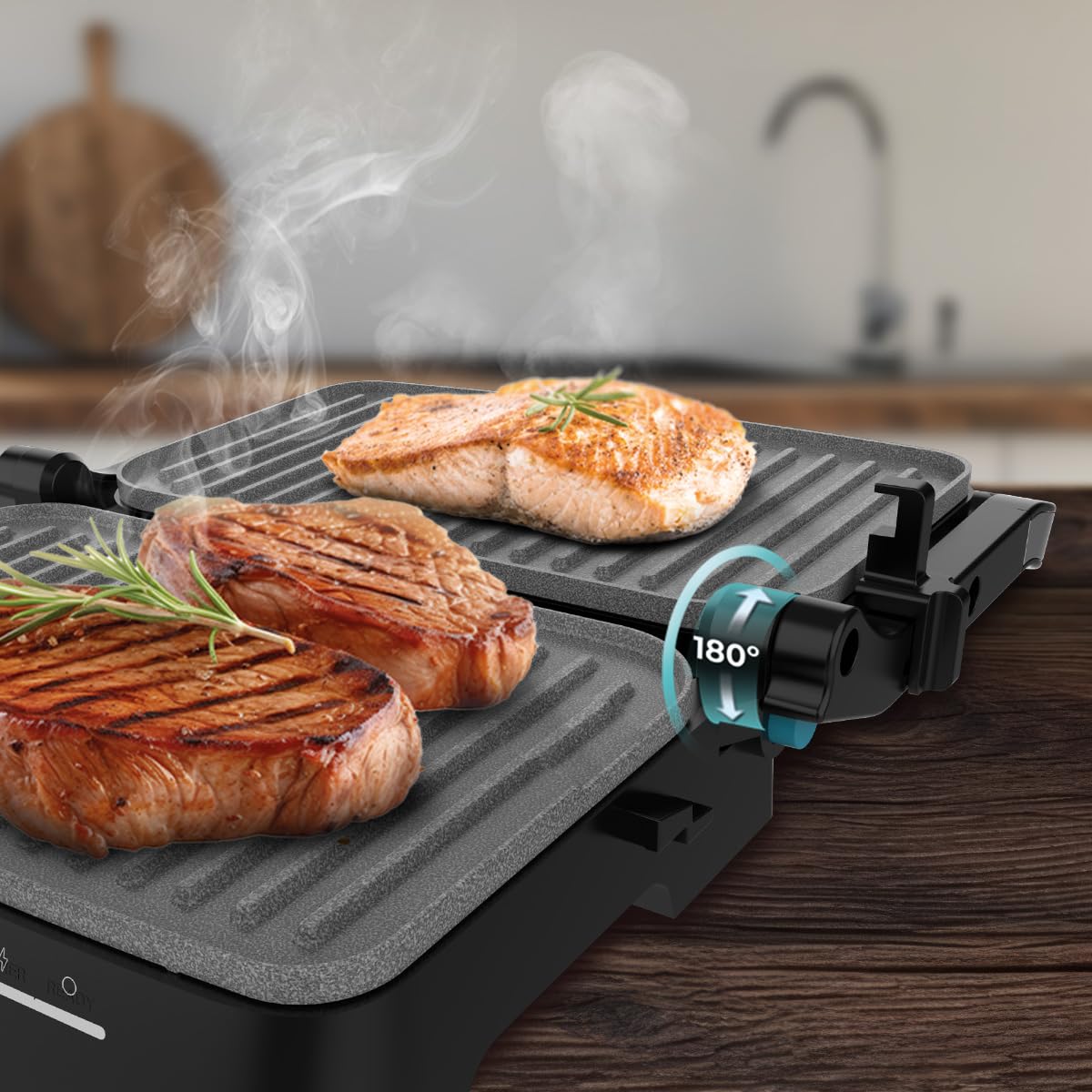 Cecotec Gril Électrique avec Grill Rock'nGrill 2000 Full Open. 2000W, Ouverture 180º, RockStone Antiadhérent, Plaque Flottante, Bac Récupérateur de Graisse, Rangement Vertical, 279x229 mm