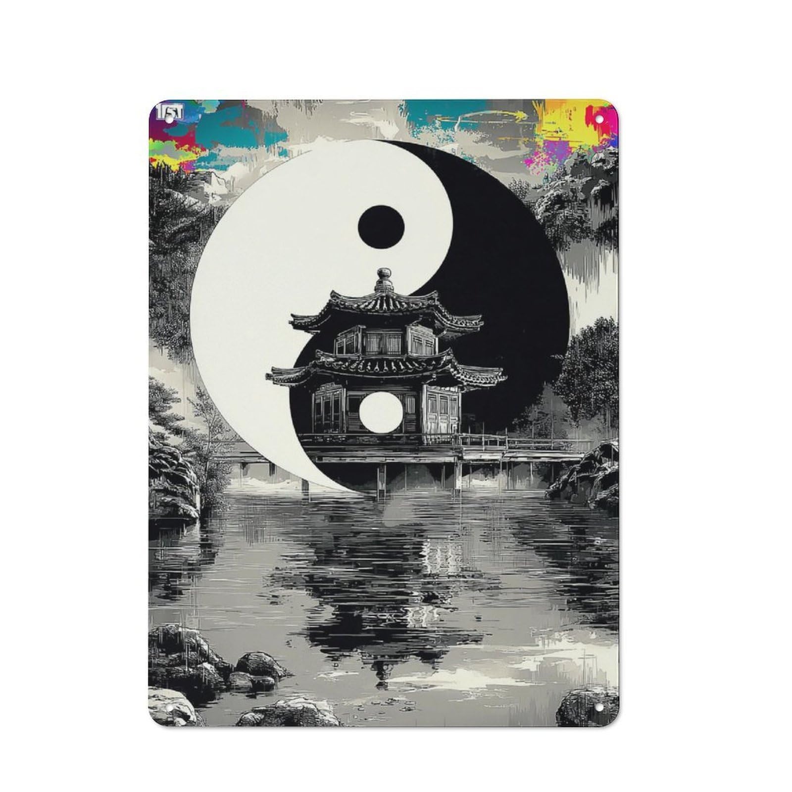 Yin Yang Harmony Asian Architecture Reflections Loft Style Metal Wall Decor 40x30cm, Decorative Metal Plaque for Loft, Studio, Office Or Creative Room
