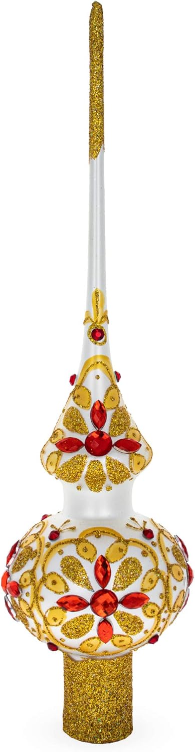 Red Jeweled Stars on Gold Pattern on White Mouth Blown Glass Christmas Tree Topper 11 Inches