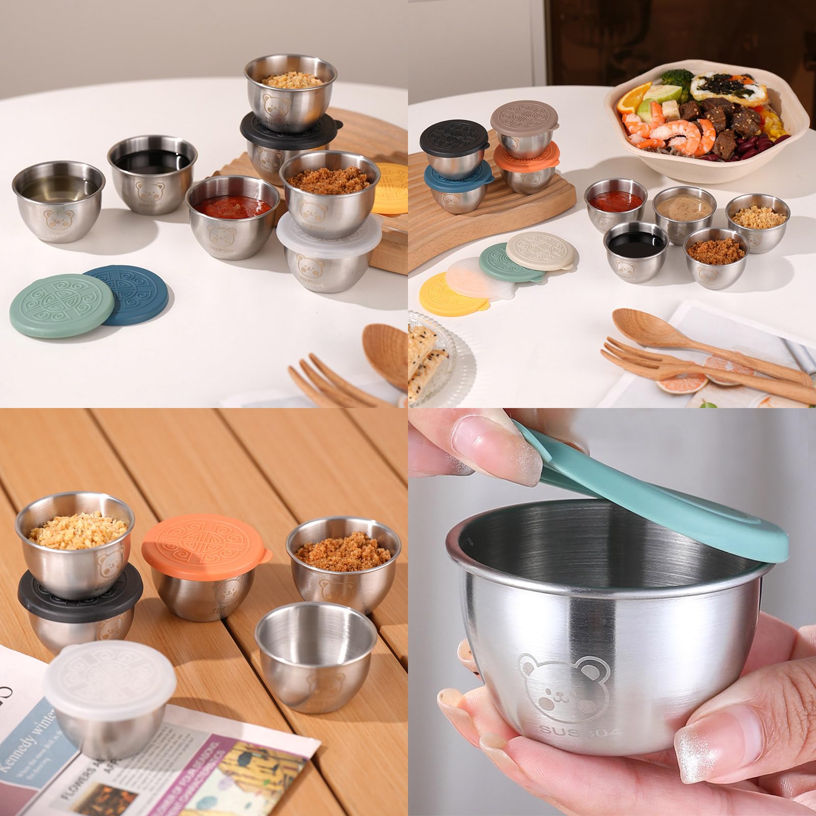 8 Stück Mini Dosen Auslaufsichere Salatdressing Gewürzbehälter, 50ml Edelstahl Dressing Behälter mit Silikon Deckel, Wiederverwendbare Mini Saucenbehälter Dip, für Dips, Gewürze, Sauce, Marmelade