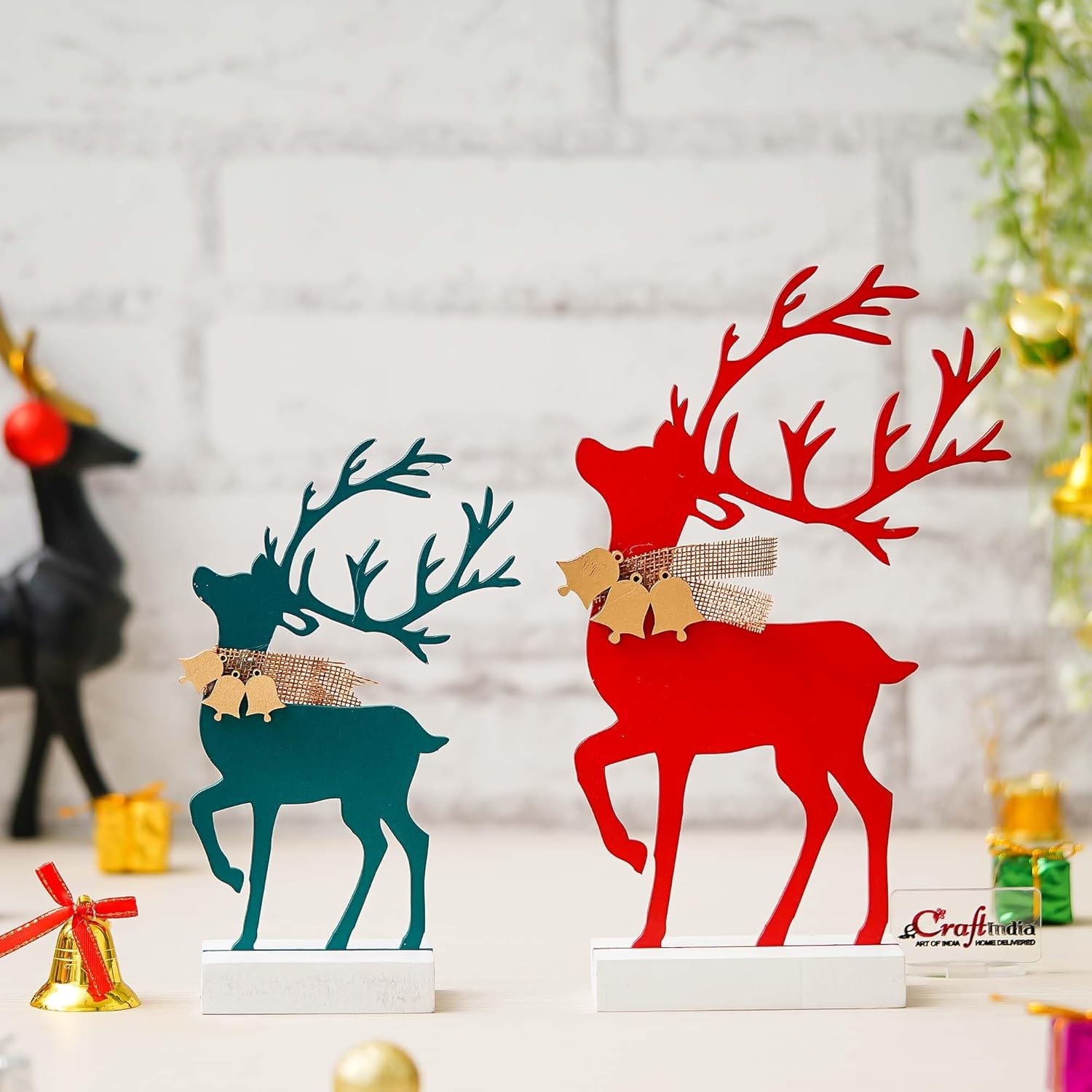 eCraftIndia Wooden Reindeer Statues Showpieces Merry Christmas Decor Ornaments Props (Set of 2, Red Green)| Christmas Decorations Items for Home Office Xmas Gifts for Kids Friends Girls Boys