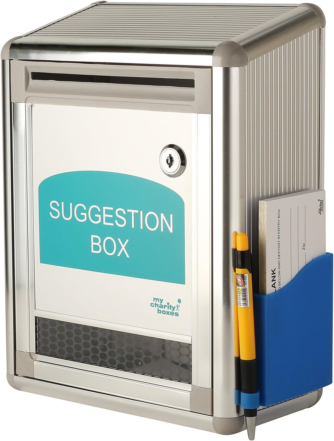 MCB Aluminum Metal Office Suggestion Ballot Box Charity Collection Donation Box Mail Box with Window Comment Box with Pen and Sheets Comes with Lock and Set of Keys