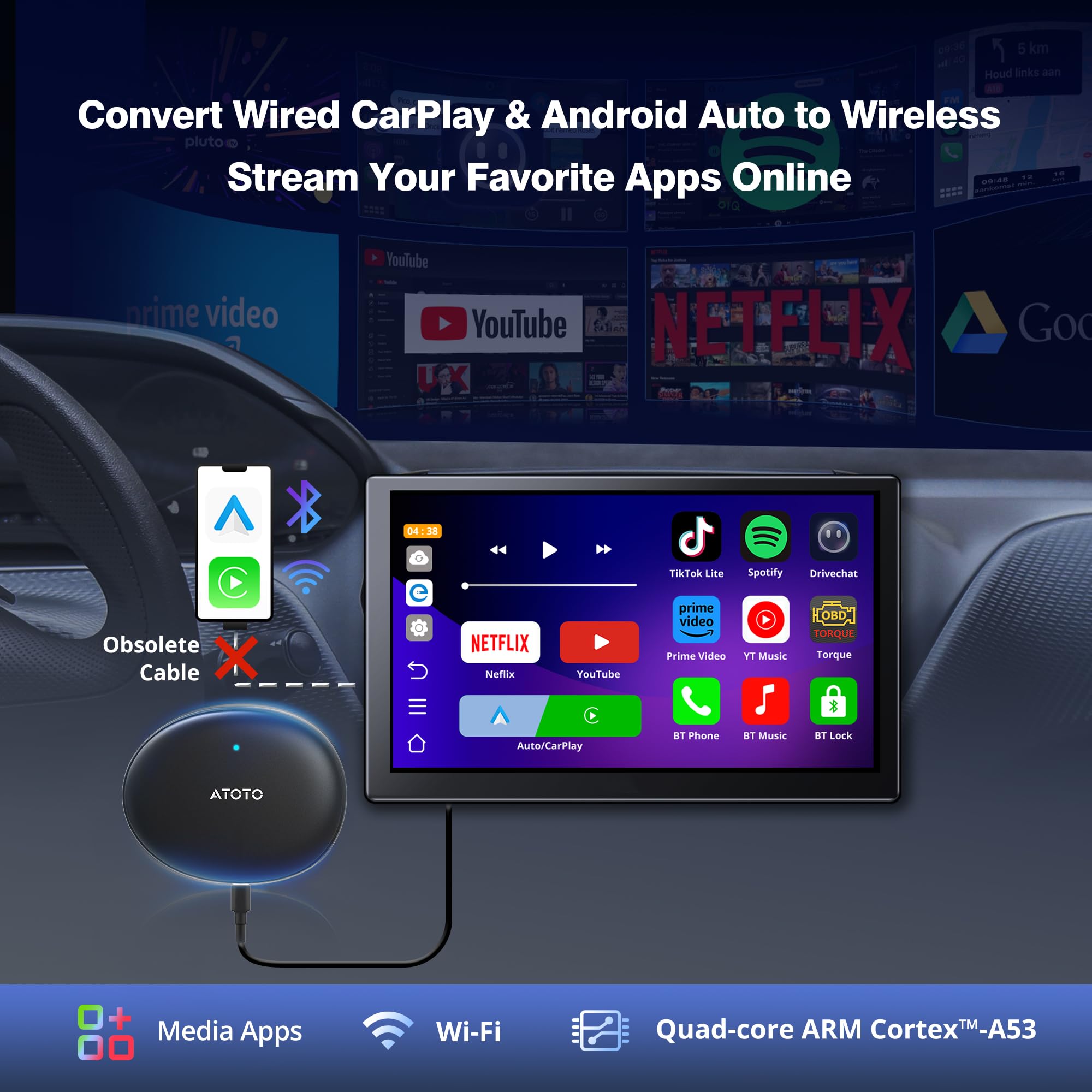 Wireless Carplay/Android Auto Adapter Car AI Box - Macht CP/AA Kabellos Dual-Wi-Fi 2.4G/5G, GPS, OBDII, OTA, 256GB, Carplay Wireless Adapter mit YouTube/Netflix, DriveChat KI (ChatGPT)