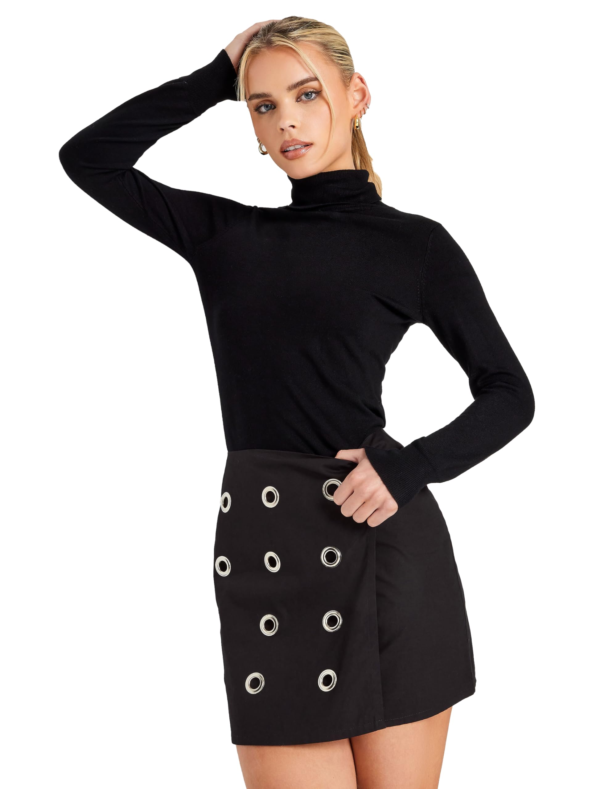 Pixiegirl Women's Black Petite Eyelet Detail Cotton Wrap Mini Skirt Size 10