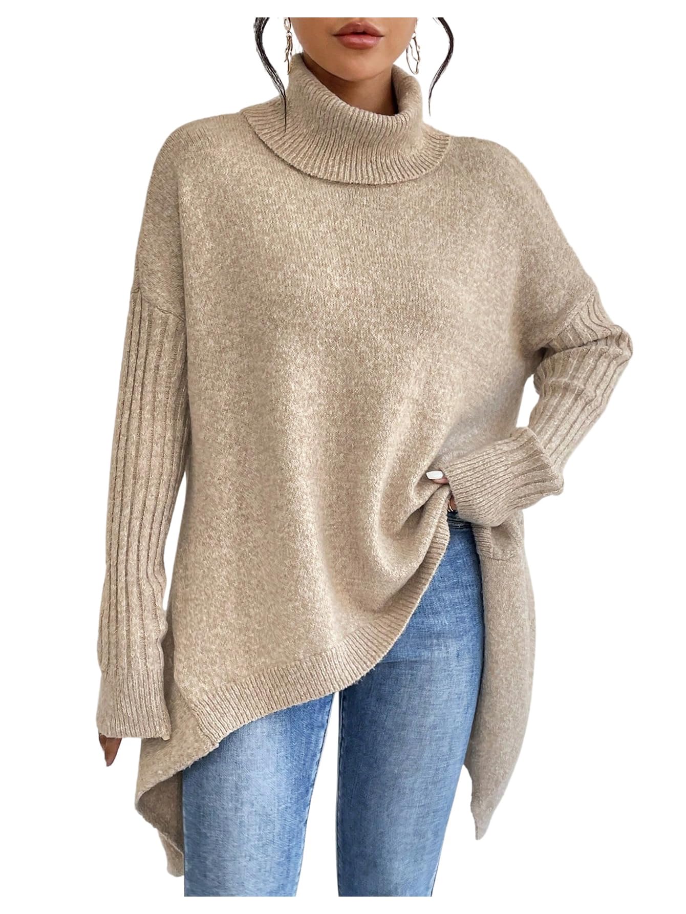WDIRARA Womens Turtleneck Sweater Long Sleeve Asymmetrical Hem Pullover Oversized Knit Tops