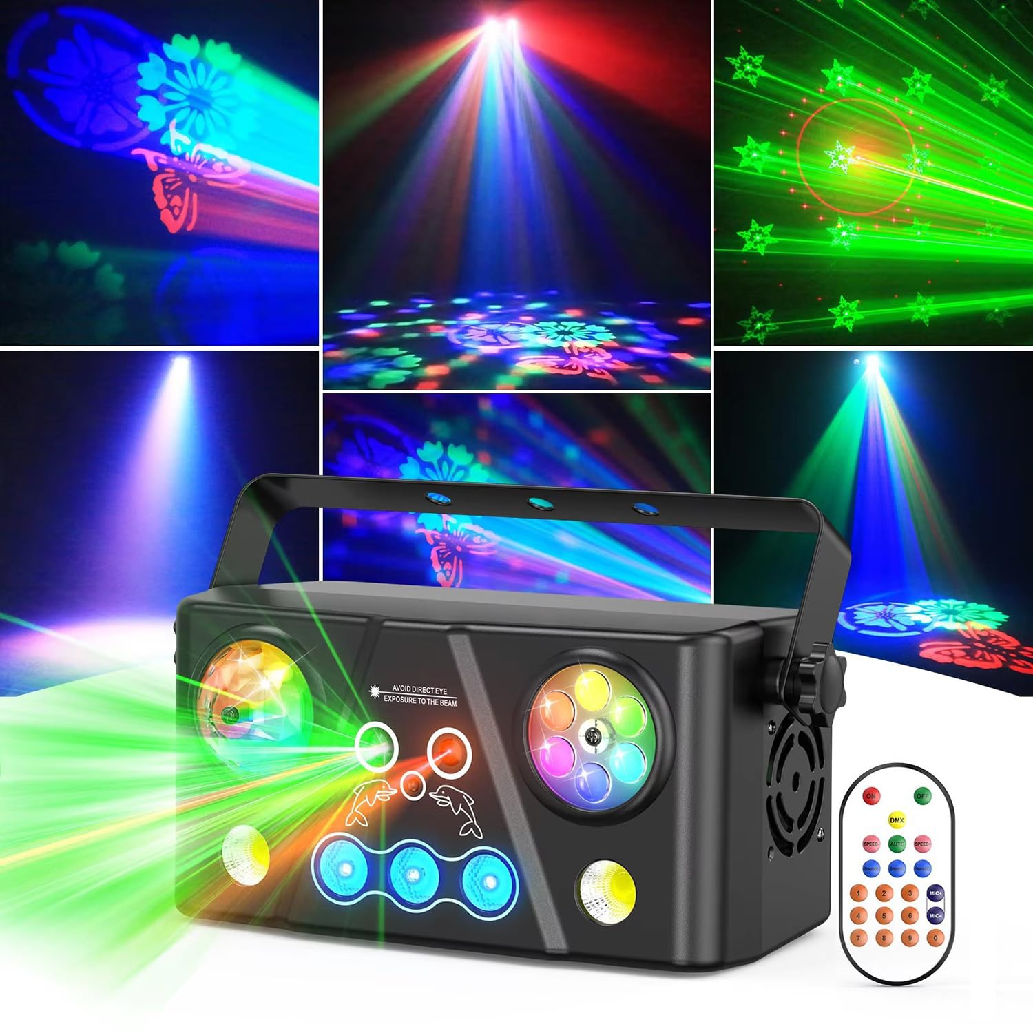 Lampy DJ na imprezy, wieloeffektowe lampy LED imprezowe, lampy dyskotekowe, wzory LED RGB, stroboskop, sterowanie, światła sceniczne aktywowane dźwiękiem, światła stroboskopowe