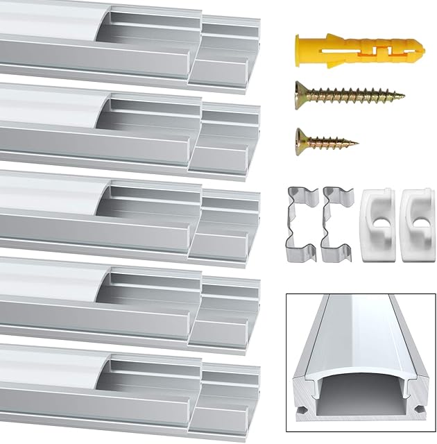 Jirvyuk Led Channel, 10 Pack 1m/3.3ft Led Profile Strip, Led Aluminum Channel and Diffuser for LED Strip Lights with Milky White Cover, End Caps, Metal Mounting Clips and Screws- Silver (U)