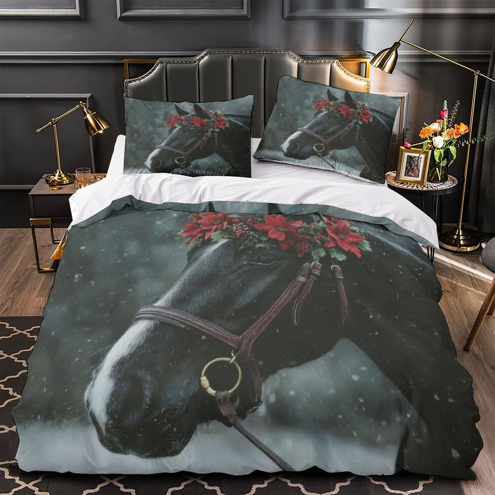 MMDASBVPE Christmas Horse Duvet Cover 3D Print Easy Care 3 Pcs Bed Linen Hidden Zipper Quilt Cover Hotel Quality Durable for Kids Adults Women Teens Youth Girls Boys Super king（260x220cm）