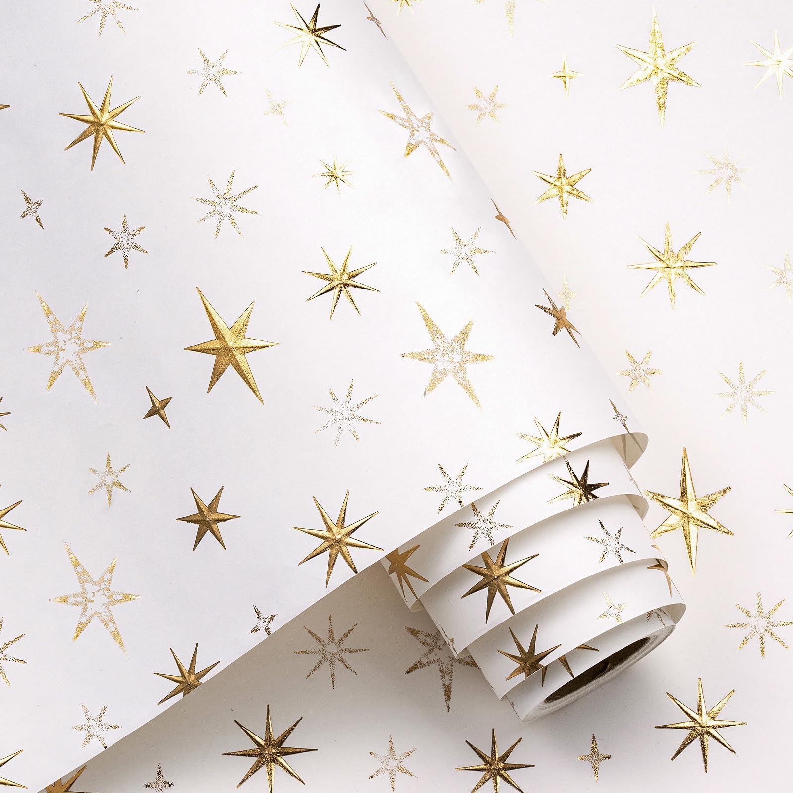 RUSPEPA Eid Wrapping Paper Roll, Mini Roll, White and Gold 3D Embossed Foil Star Design, White Kraft Gift Wrap Paper for Ramadan, Birthday, Wedding, Baby Shower, Holiday, 17 Inches x 16.4 Feet