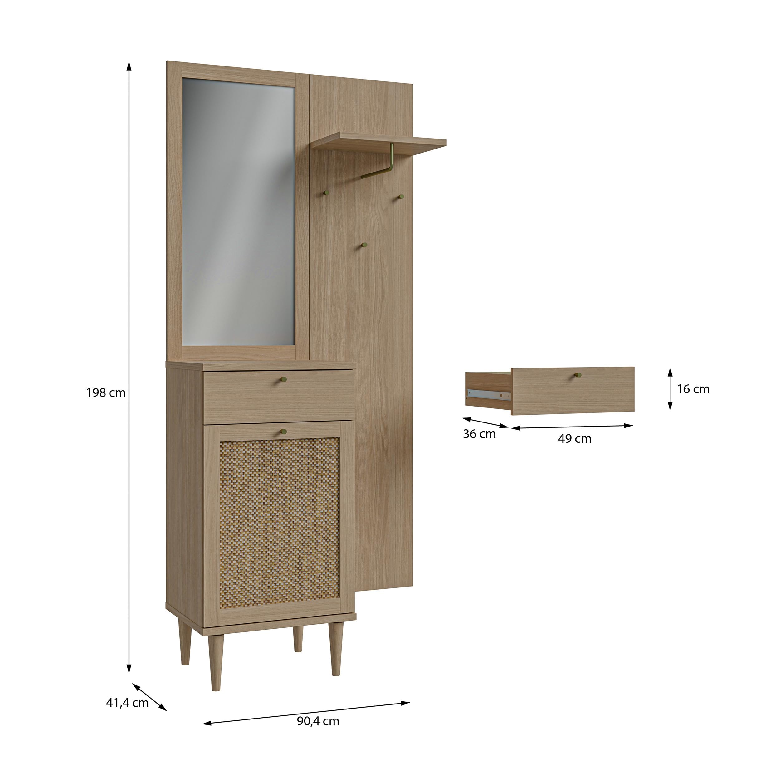 Forte CALASETTA Garderobe 90, 1 Schubladen, 1 Tür, mit Spiegel, Kleiderstange und Ablageflächen, Holzwerkstoff, Elegancia Eiche Holzdekor | Technorattan, 90,4 cm breit x 198 cm hoch x 41,4 cm tief