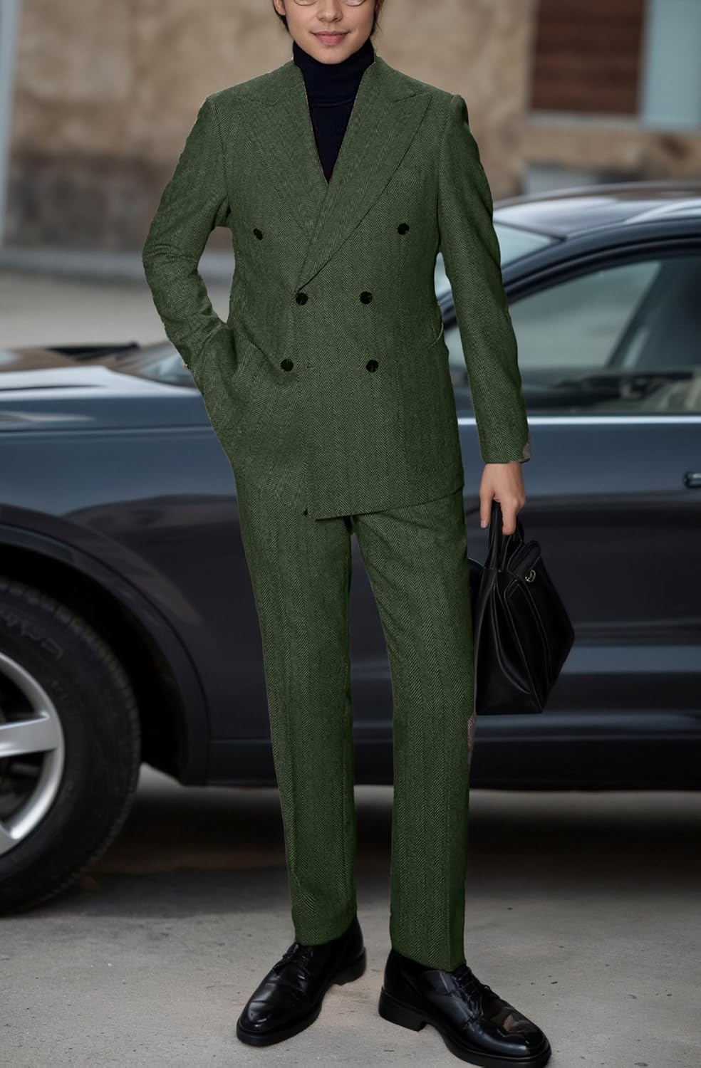 Retro Tweed Men's Suit Herringbone 2 Piece Slim Fit Double Breasted Suits Prom Wedding Tuxedo Jacket Blazers Pants for Men - Image 2