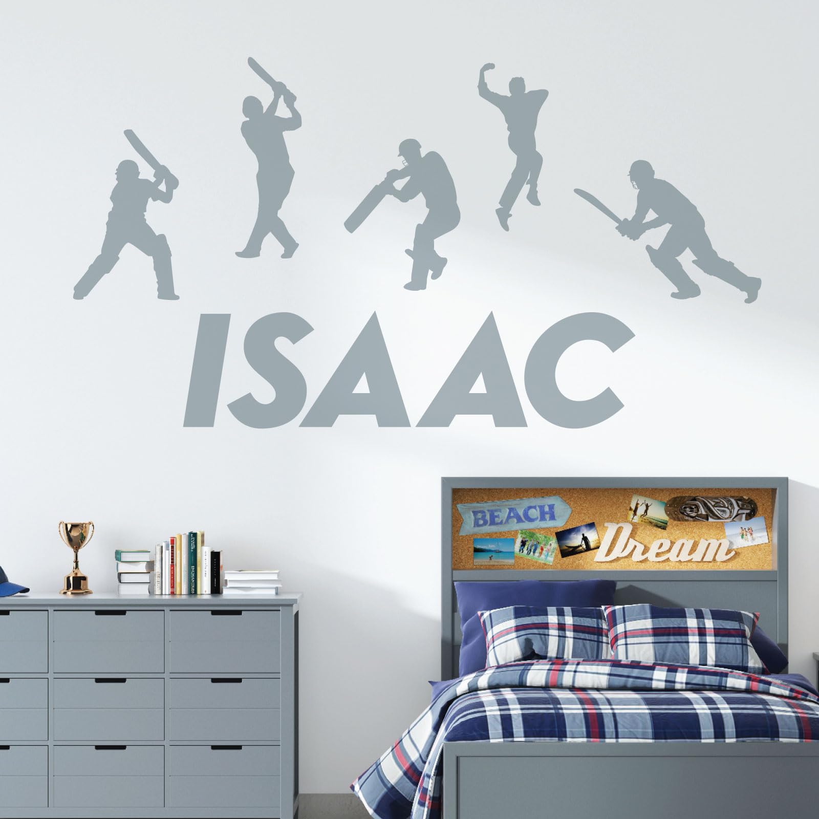 Personalised Name Wall Art Sticker - Sport Game, Cricket Players Silhouettes [Large] [Silver]
