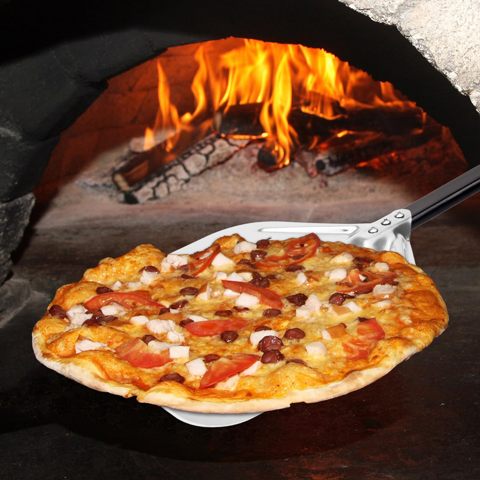 Pala para pizza de 40 x 30 cm, deslizador de pizza de 12 pulgadas, fácil deslizamiento sobre piedra para pizza, pala perforada para pizza con gran superficie y mango extraíble (negro)