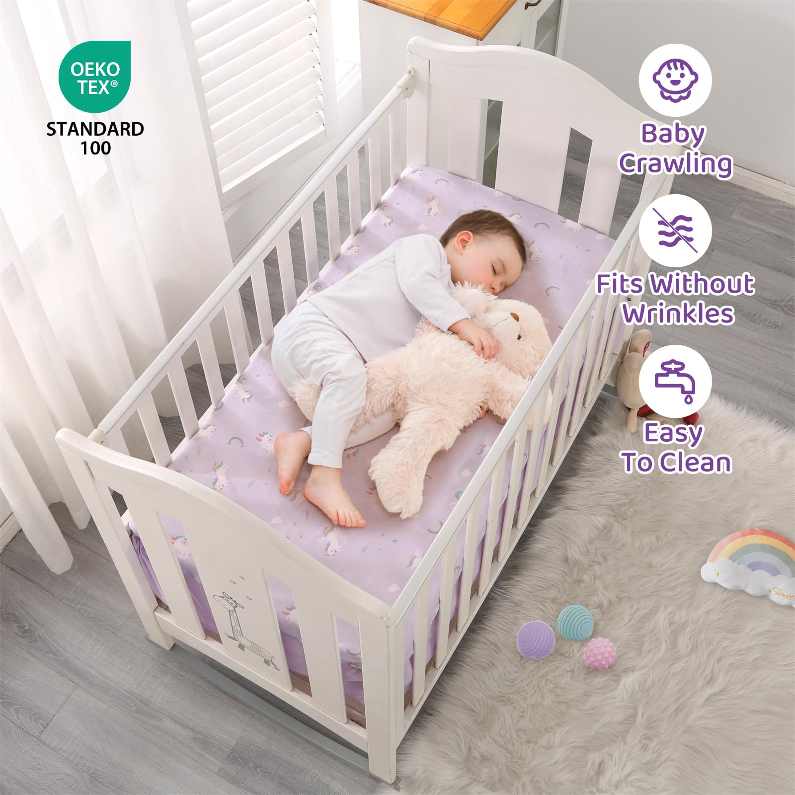 Juego de ropa de cama de cuna de unicornio de 3 piezas, edredón morado, sábana bajera ajustable para cuna, volante de polvo