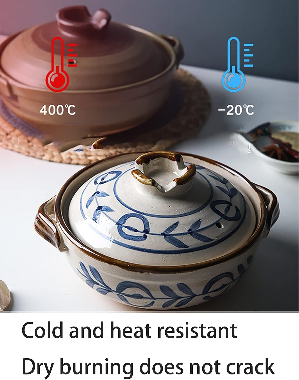 Pentola in Ceramica Giapponese con Coperchio - Casseruola retrò per Stufati, Cottura Ad Alta Temperatura su Fornelli A Gas, Ideale per Riso E Pasti Casalinghi 1.2l