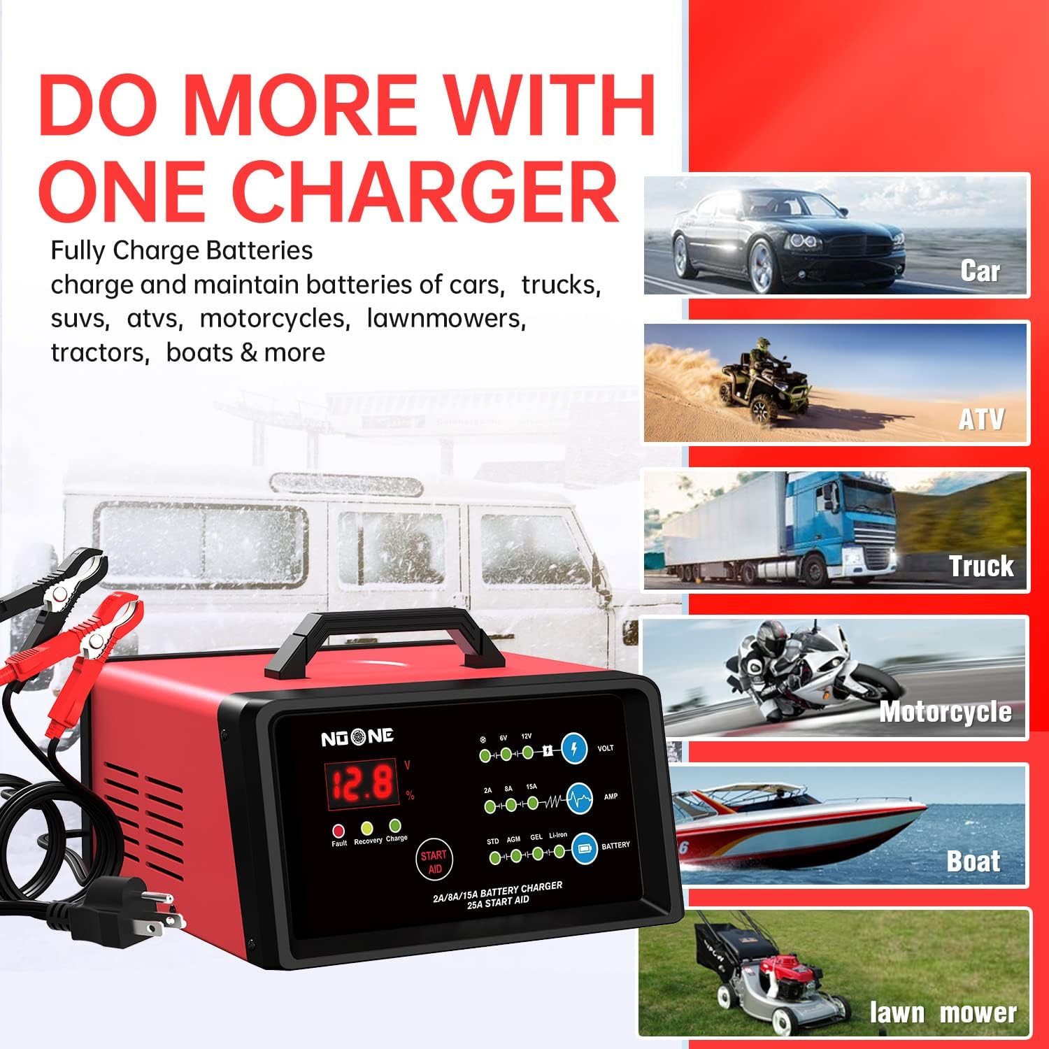 NOONE Smart Car Battery Charger: 2/8/15A Battery Chargers 6V/12V Boat Battery Chargers with Engine Start, Metal Shell, Winter Mode, Suitable for AGM, EFB,AGM, Lead Acid, Lithium (LiFePO4) Batteries