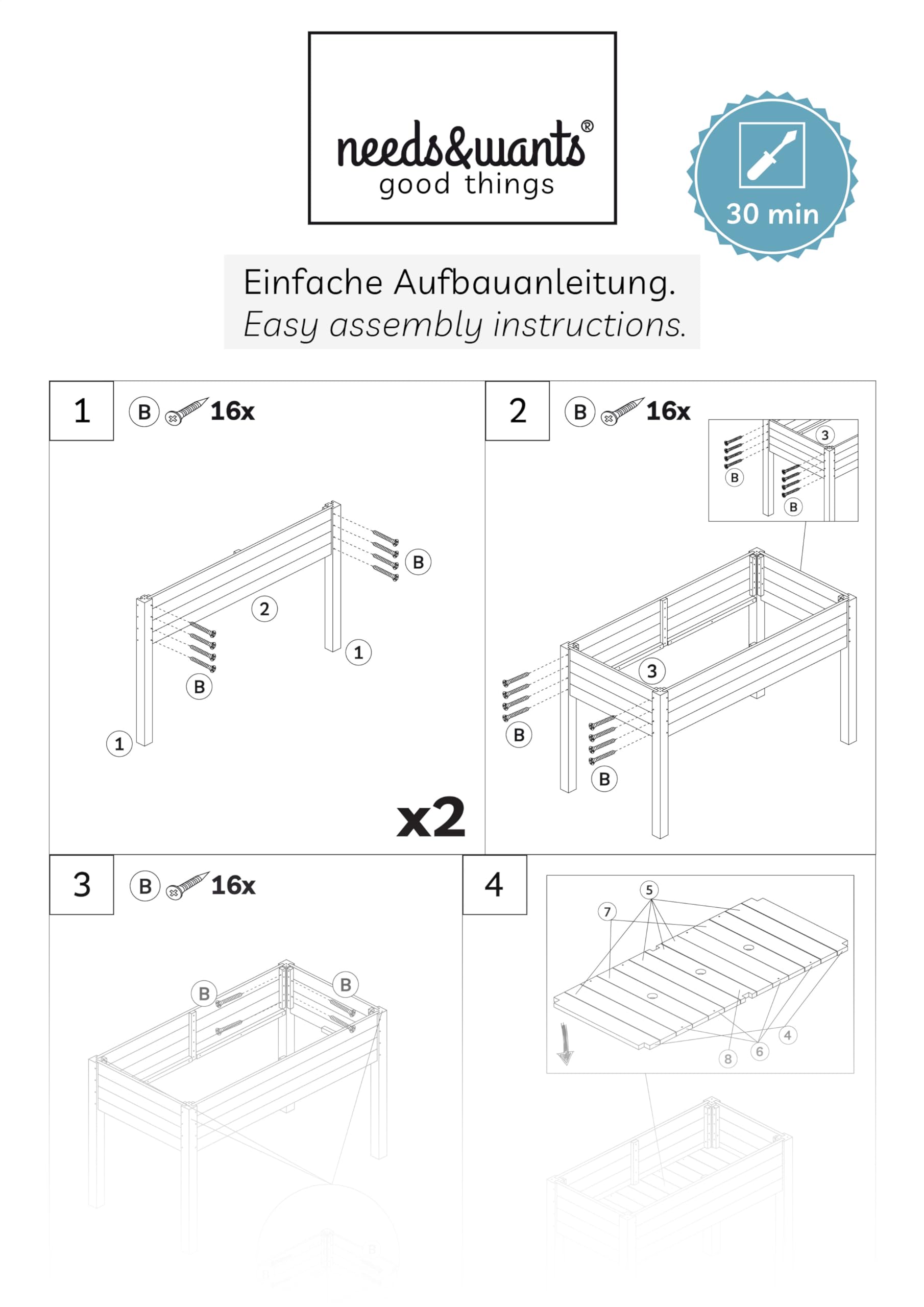 needs&wants® Huerto Urbano, Jardinera elevada de Madera para jardín, balcón o terraza, Kit de Maceta Rectangular Estrecha con lámina de vellón, Maceta Decorativa para Hierbas aromáticas, Color Blanco