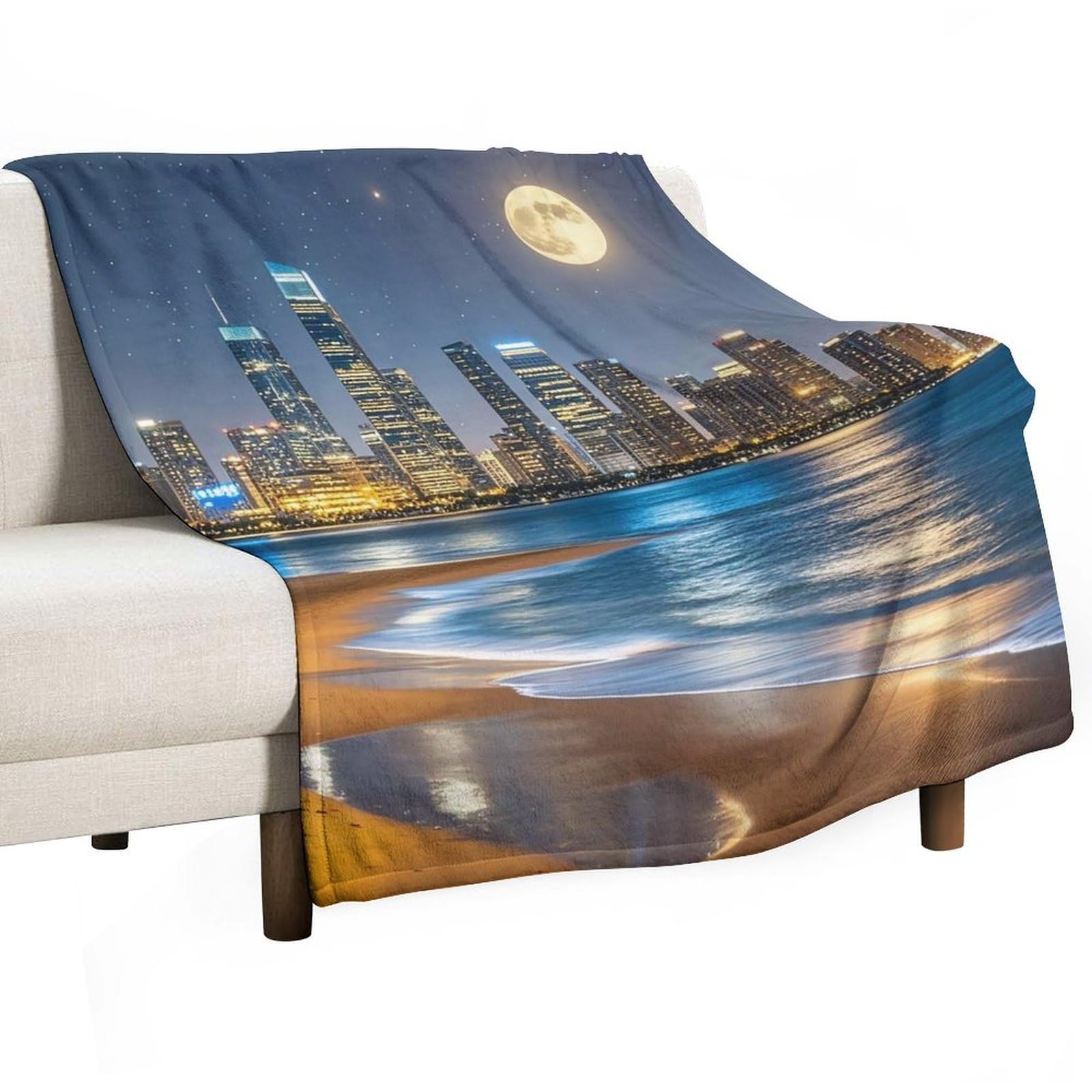 Couverture en flanelle plaid lit canapé léger chaud grand format 177x203cm motif plage nuit