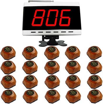 SINGCALL Wireless Restaurant Table Call System, Waiter Caller for Customer Getting Attendant by Pressing a Table Button, Pack 1 Display and 20 Bells